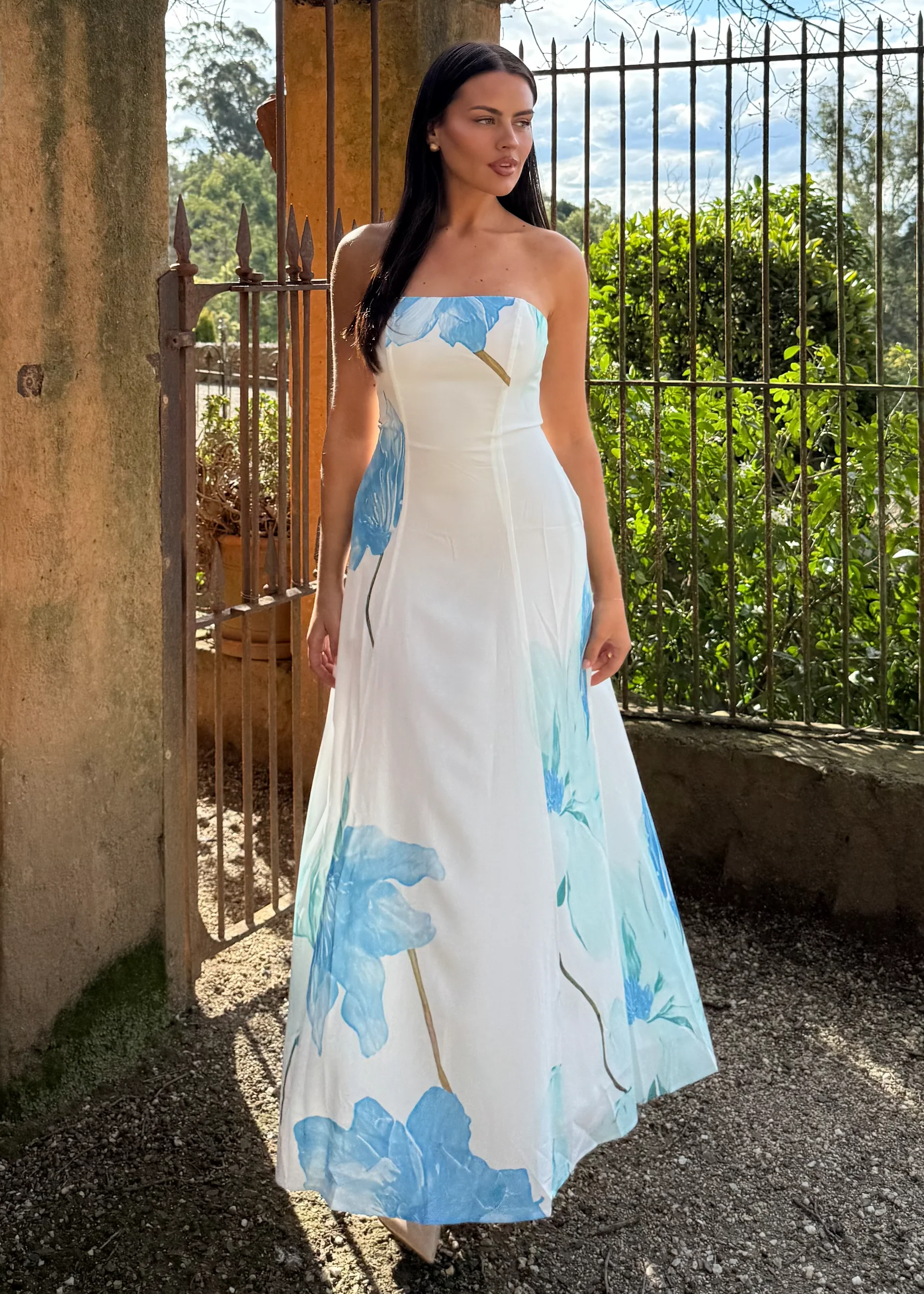 Jayde Strapless Maxi Dress - Blue Flowers - Honorern