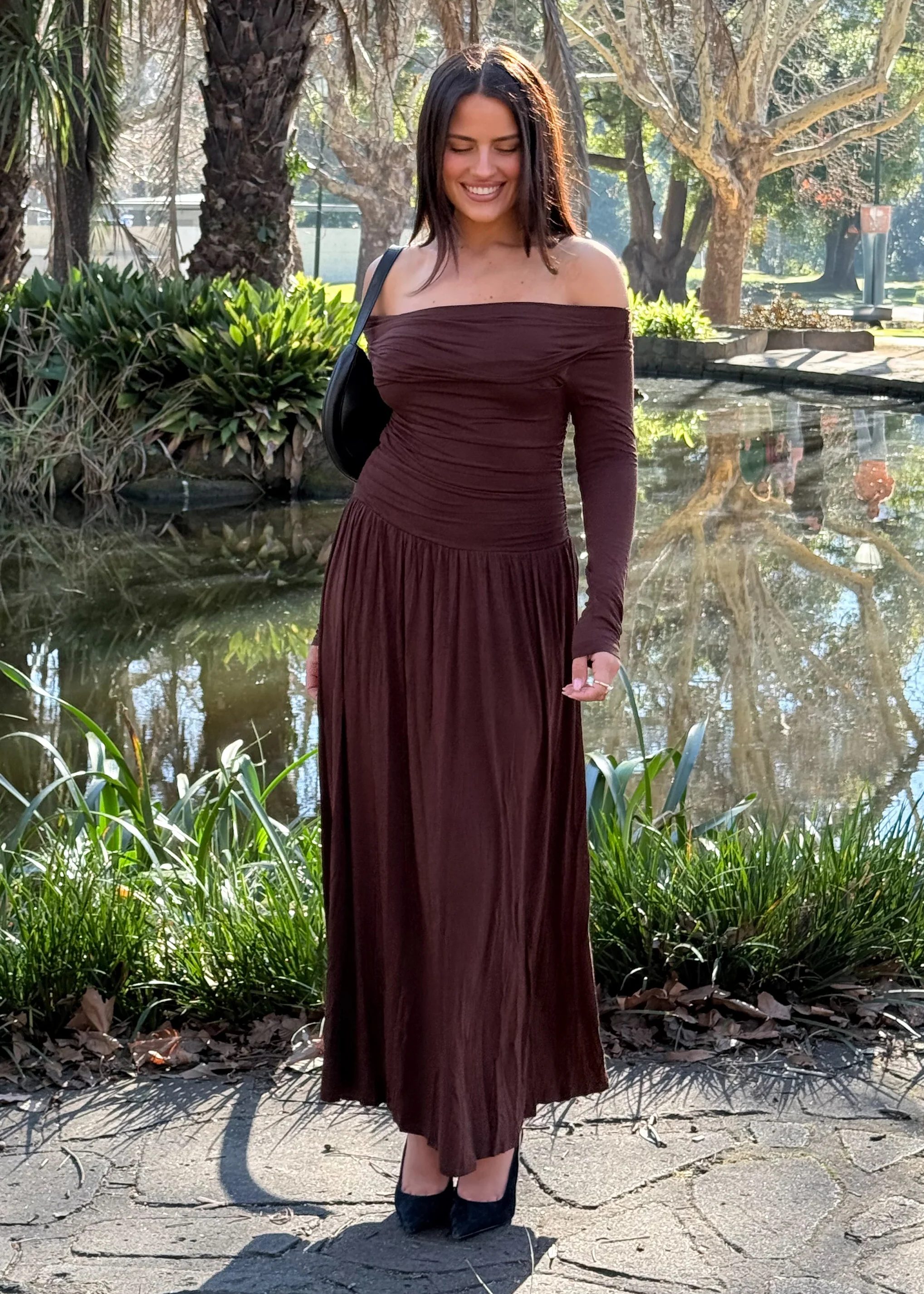 Aluna Off Shoulder Maxi Dress - Chocolate - Honorern