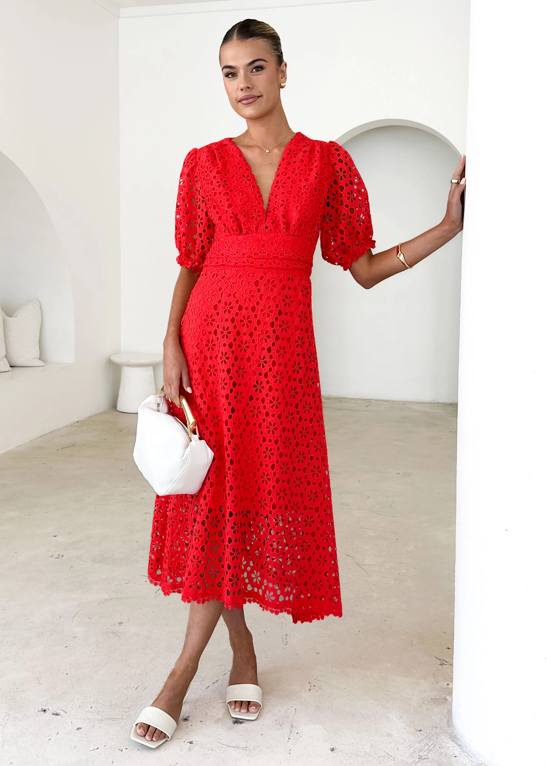 Jahra Lace Midi Dress - Red - Honorern