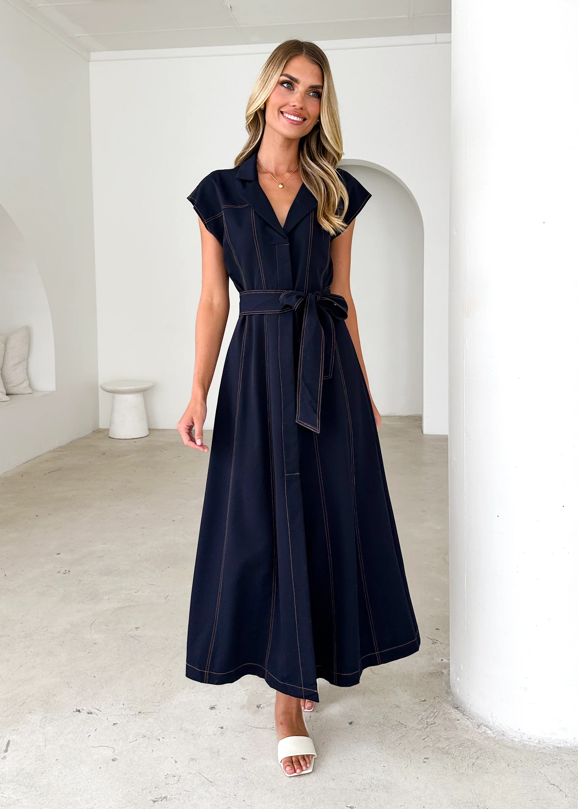 Chevron Midi Dress - Indigo - Honorern