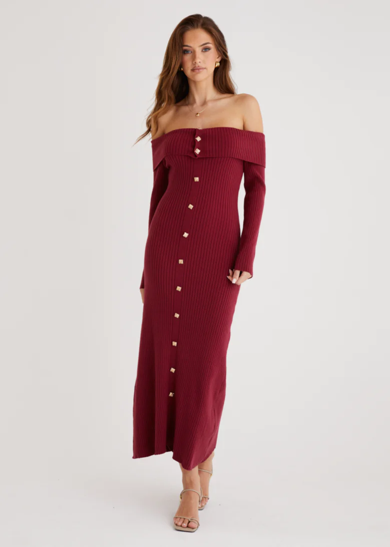 Aloe Off Shoulder Knit Maxi Dress - Wine - Honorern