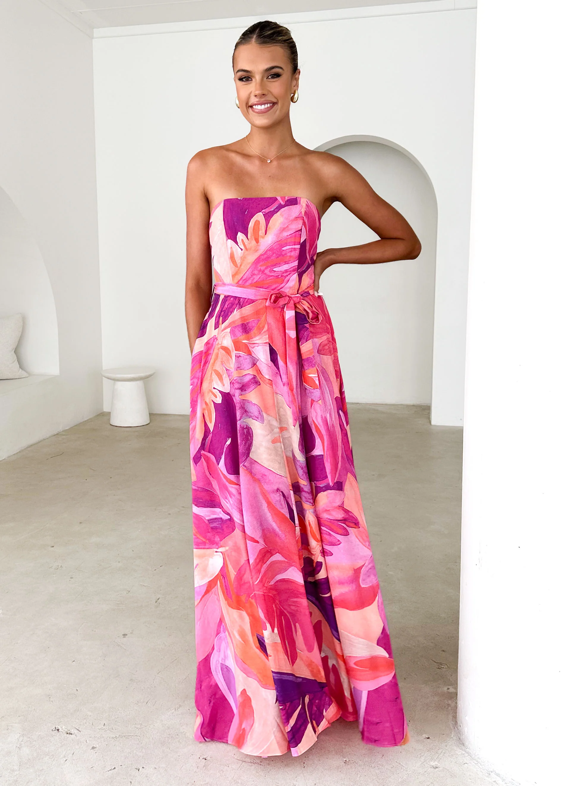 Jorgia Strapless Maxi Dress - Pink Abstract - Honorern
