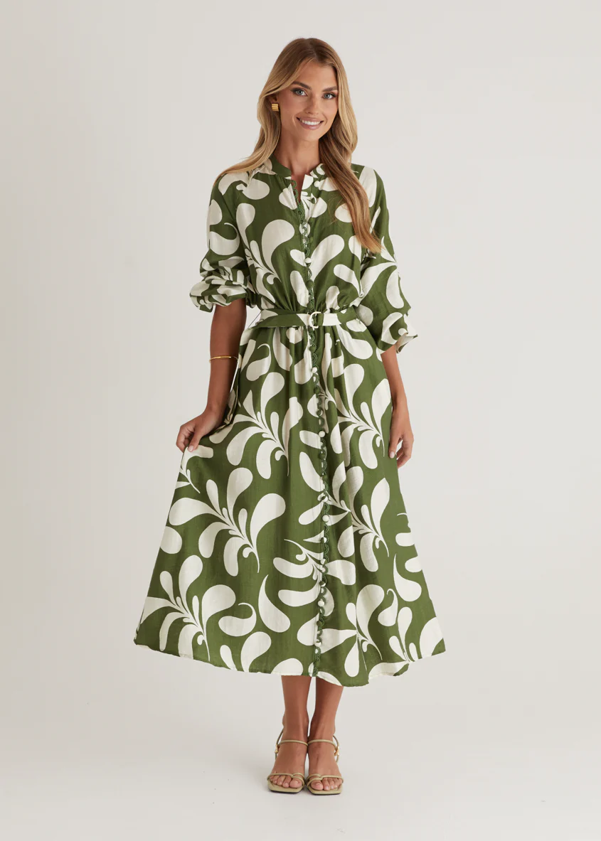 Shylah Midi Dress - Forest Swirl - Honorern