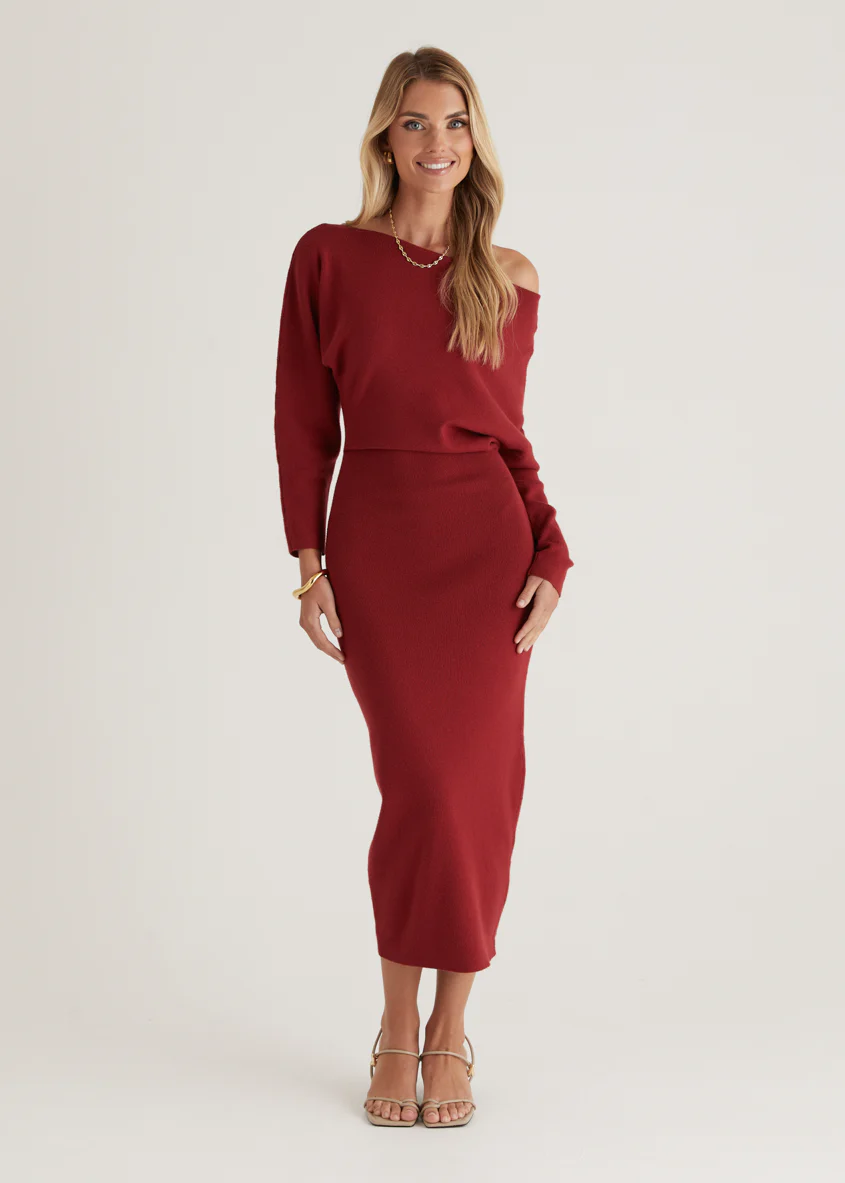 Milena Drop Shoulder Knit Midi Dress - Wine - Honorern