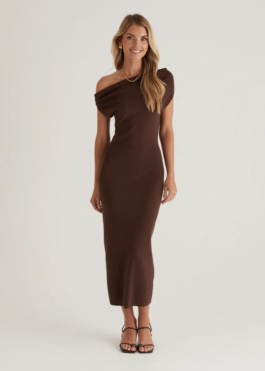 Mile Drop Shoulder Knit Midi Dress - Coffee - Honorern