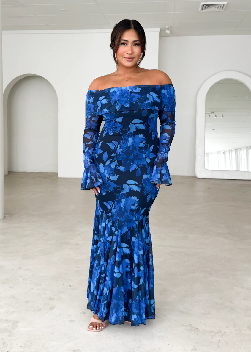 Linier Off Shoulder Mesh  Maxi Dress - Blue Floral - Honorern