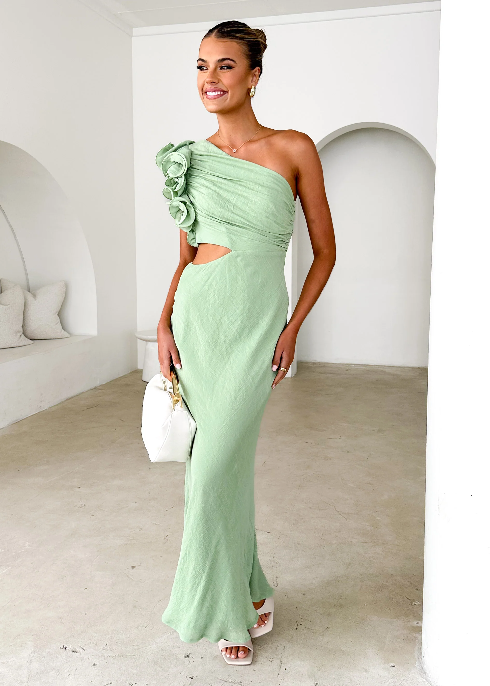 Azra One Shoulder Midi Dress - Sage - Honorern