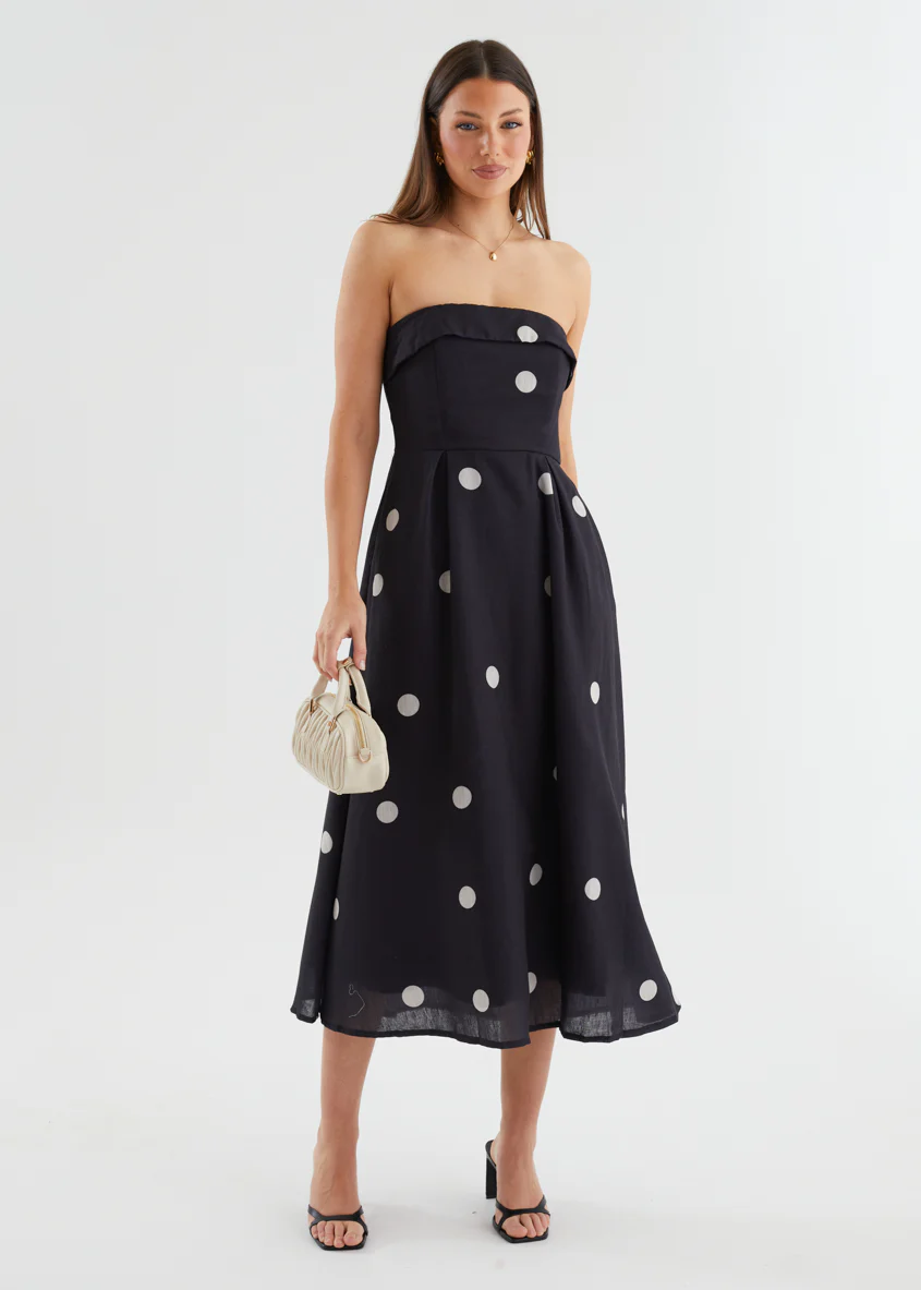 Charlee Strapless Midi Dress - Black Polka - Honorern