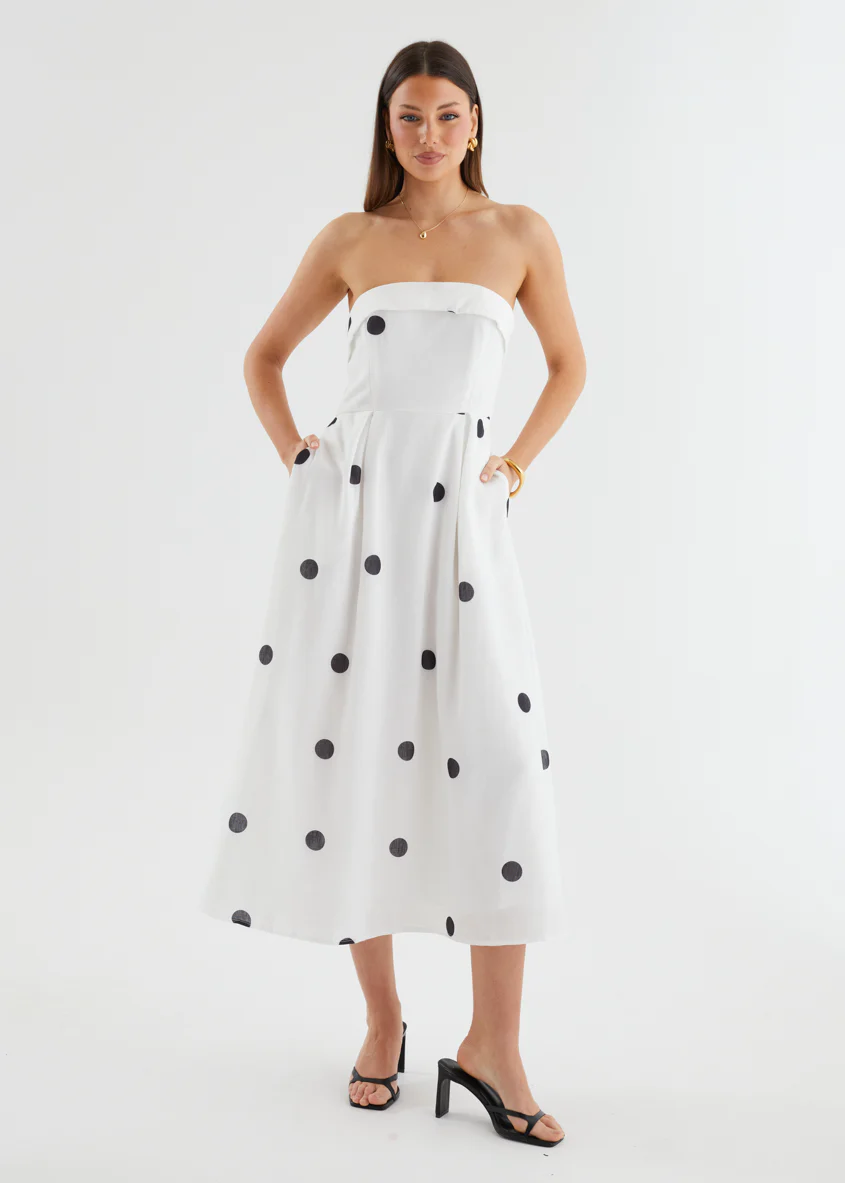 Charlee Strapless Midi Dress - White Polka - Honorern