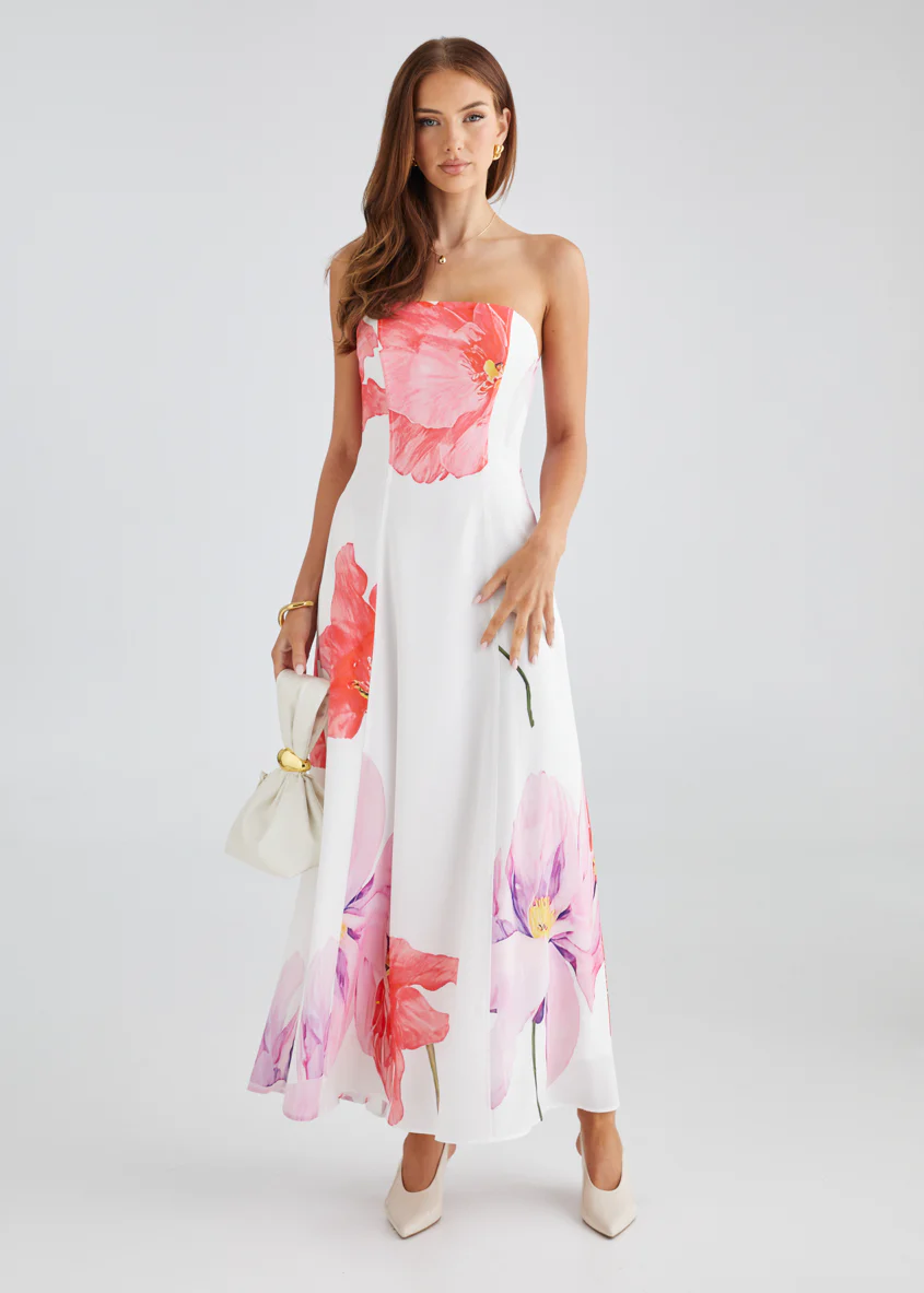 Jayde Strapless Maxi Dress - Pink Flowers - Honorern