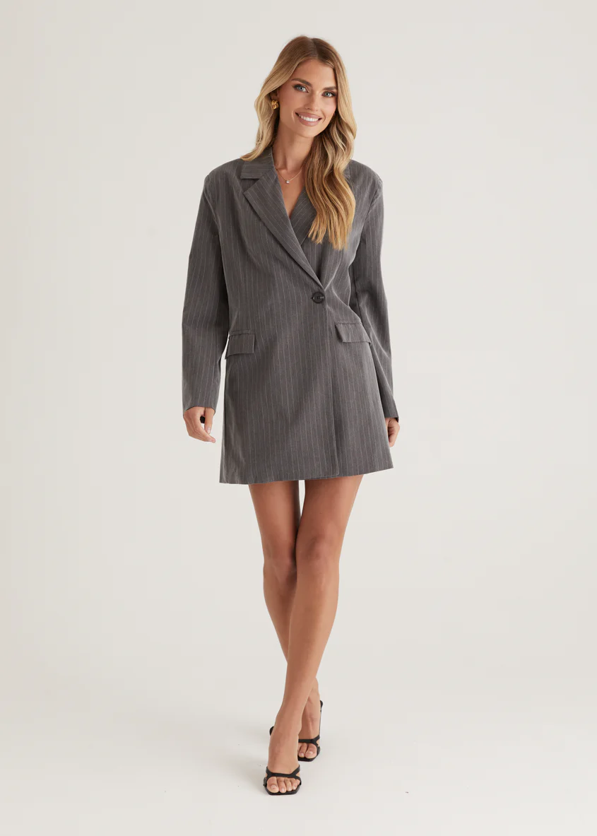 Bounty Blazer Dress - Charcoal Pinstripe - Honorern