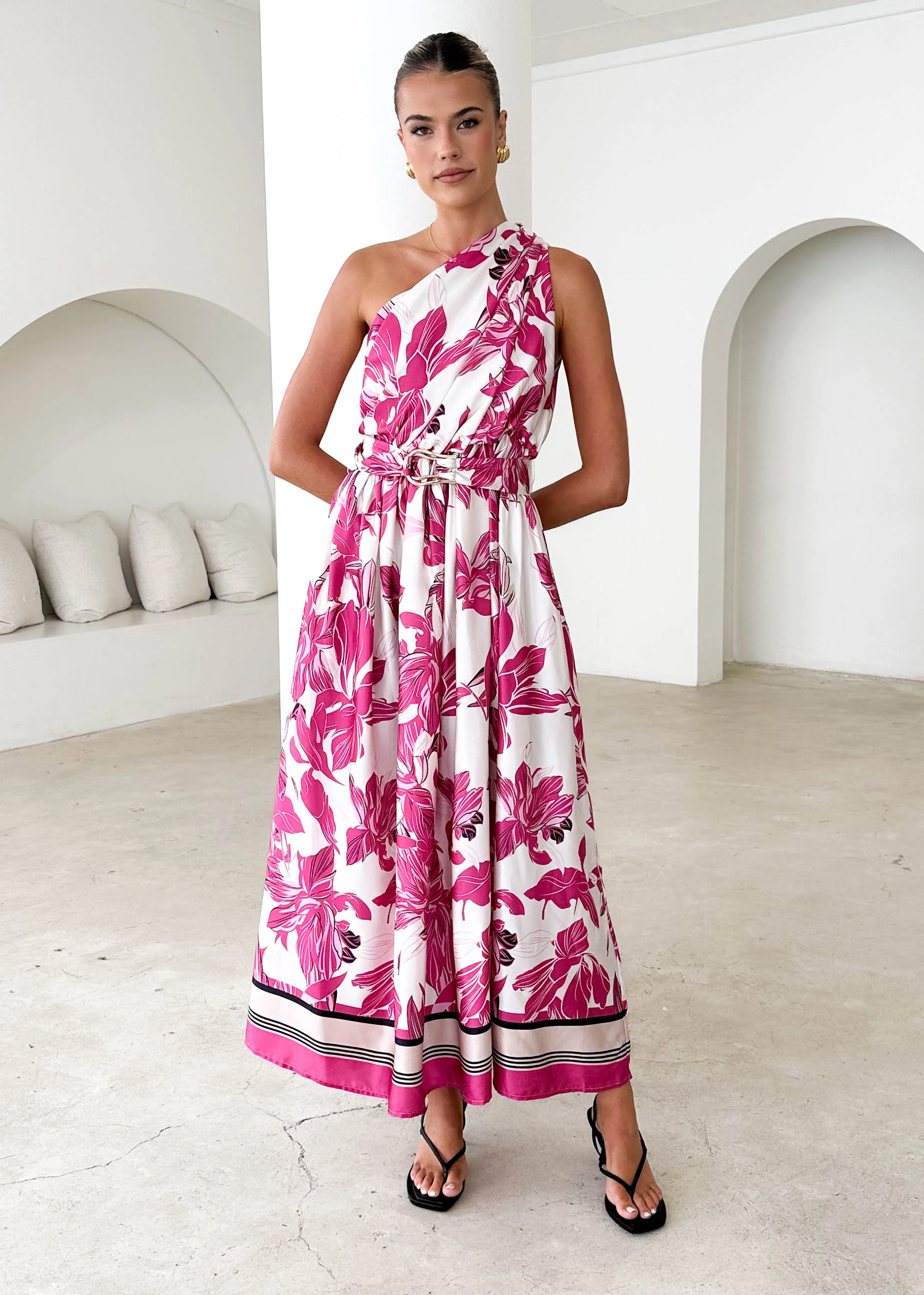 Korah One Shoulder Midi Dress - Fuchsia Floral - Honorern