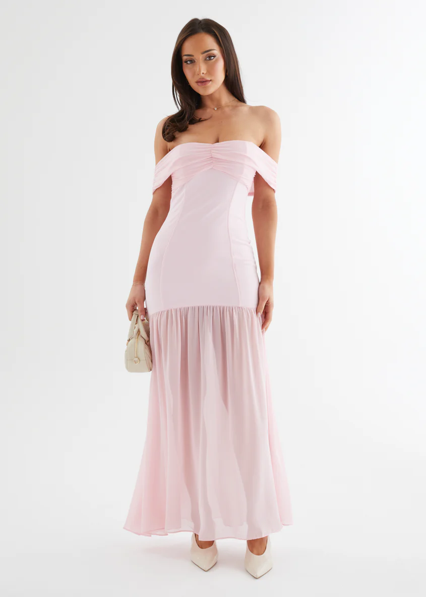Tilly Off Shoulder Maxi Dress - Soft Pink - Honorern