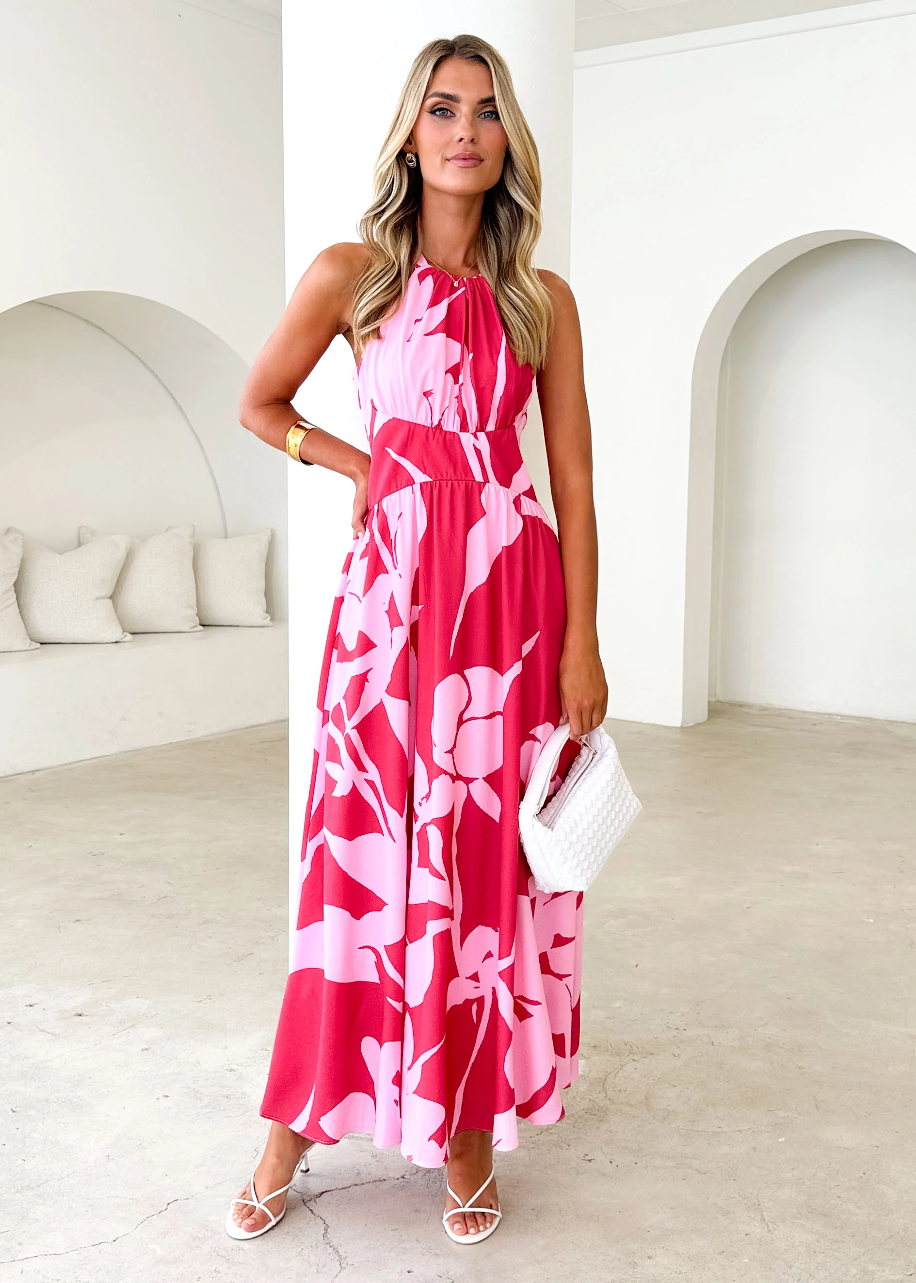 Madeleine Halter Maxi Dress - Pink Leaf - Honorern