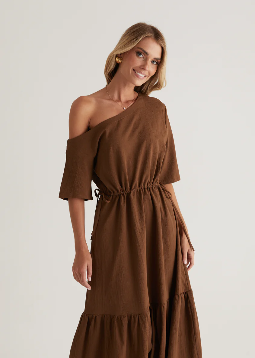 Loren Drop Shoulder Maxi Dress - Chocolate - Honorern
