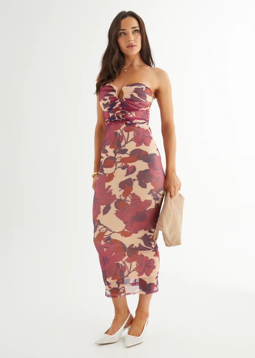 May Strapless Mesh Midi Dress - Mulberry Floral - Honorern