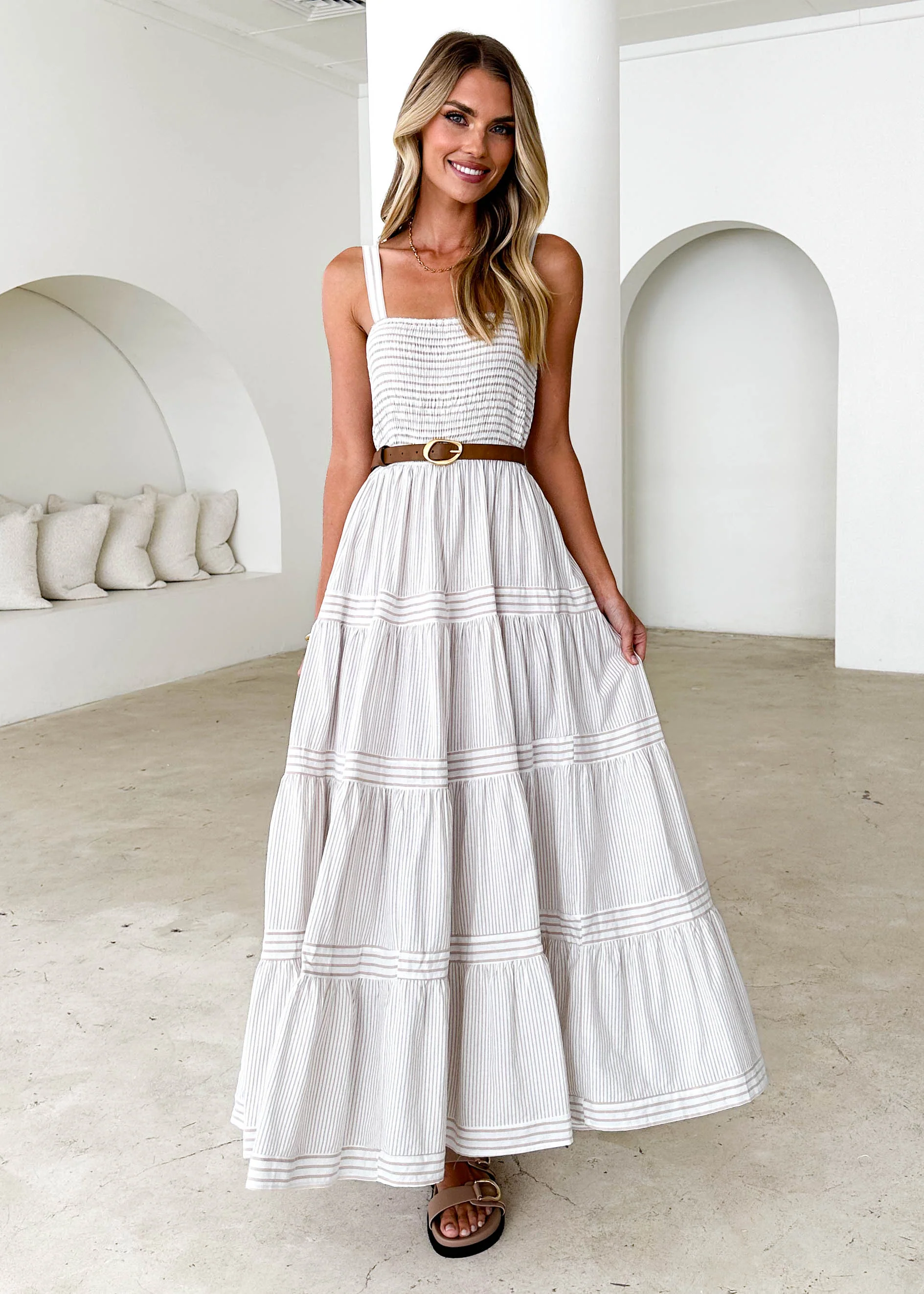 Courtland Maxi Dress - Beige Stripe - Honorern