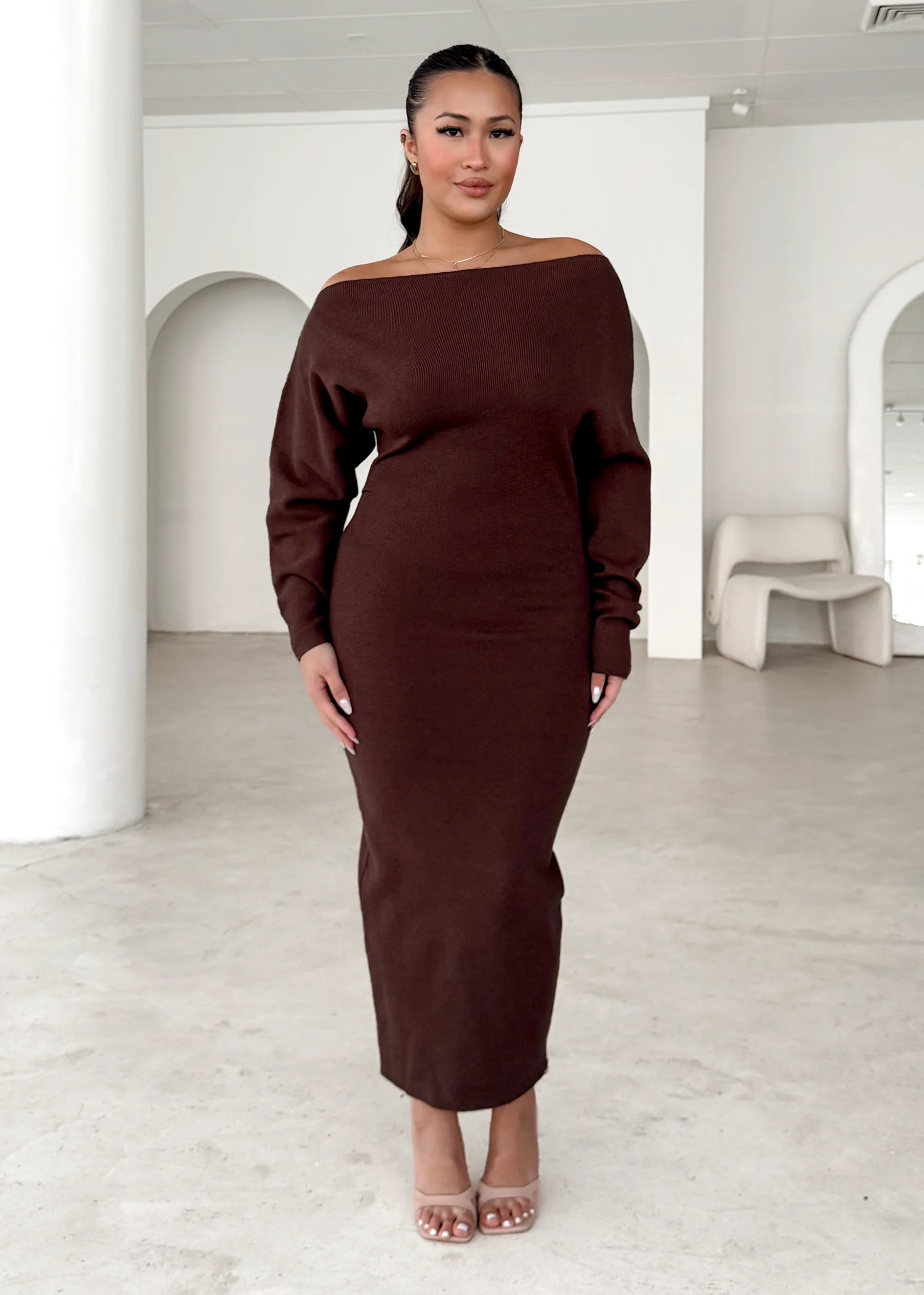 Milena Drop Shoulder Knit Midi Dress - Chocolate - Honorern