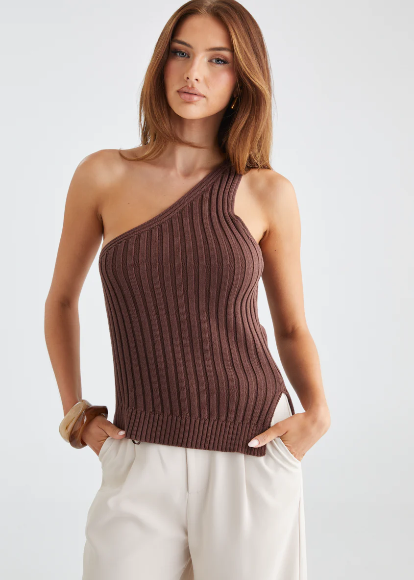 Natalee One Shoulder Knit Top - Chocolate - Honorern