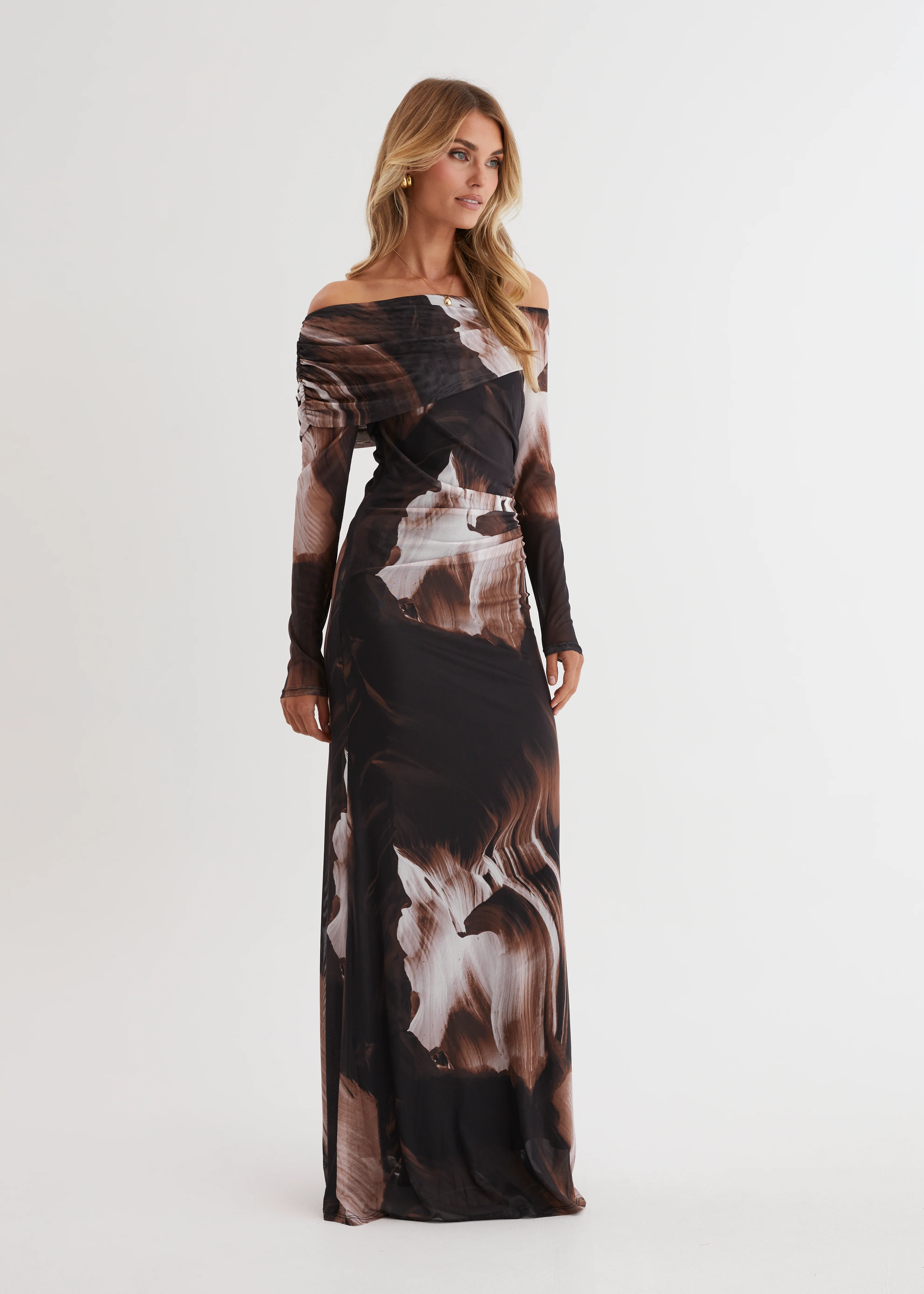 Nix Off Shoulder Maxi Dress - Choc Swirl - Honorern