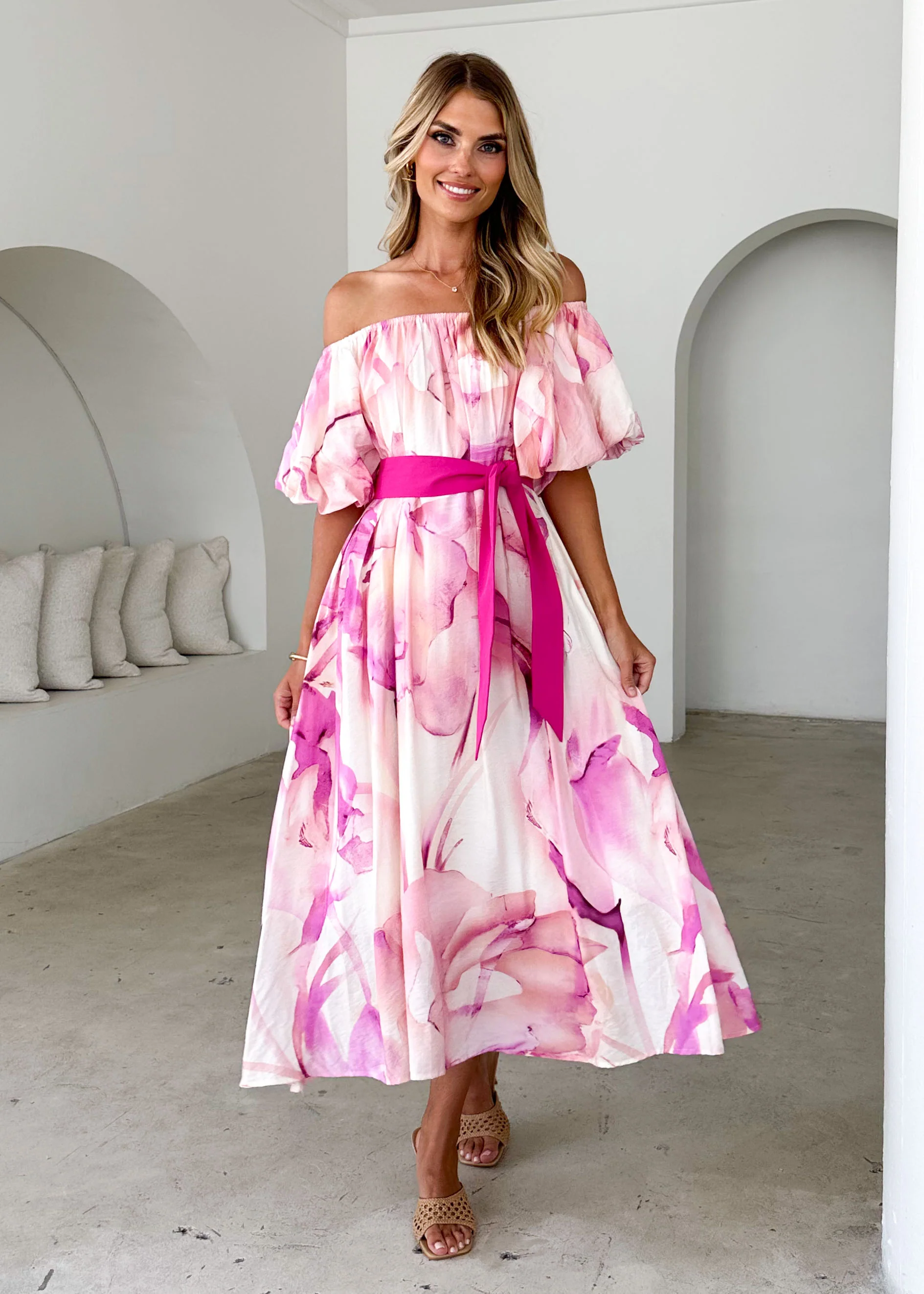Reece Off Shoulder Midi Dress - Fuchsia Flame - Honorern