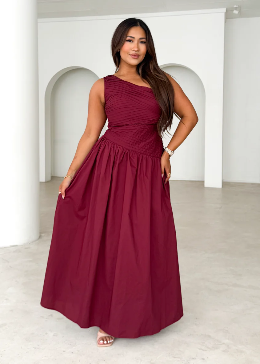 Tazzy One Shoulder Maxi Dress - Burgundy - Honorern