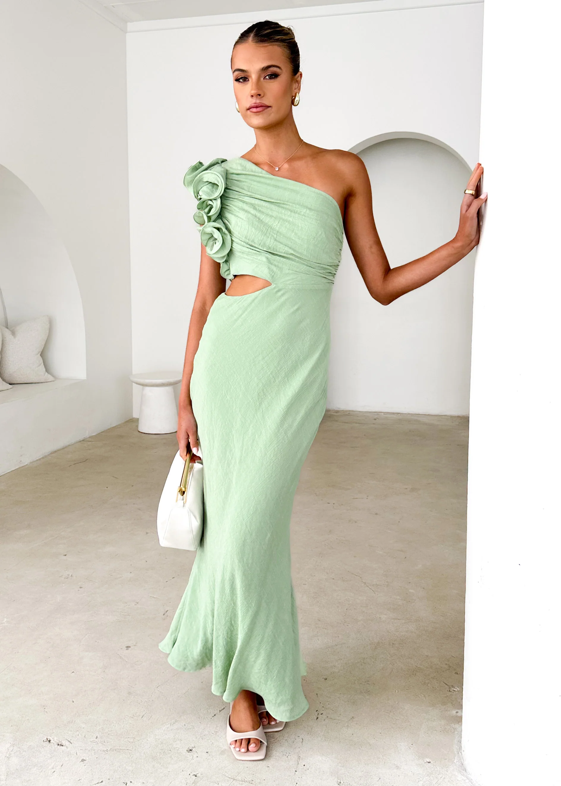 Azra One Shoulder Midi Dress - Sage - Honorern