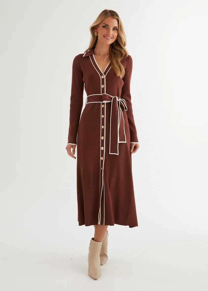 Stephanie Knit Midi Dress - Brown - Honorern