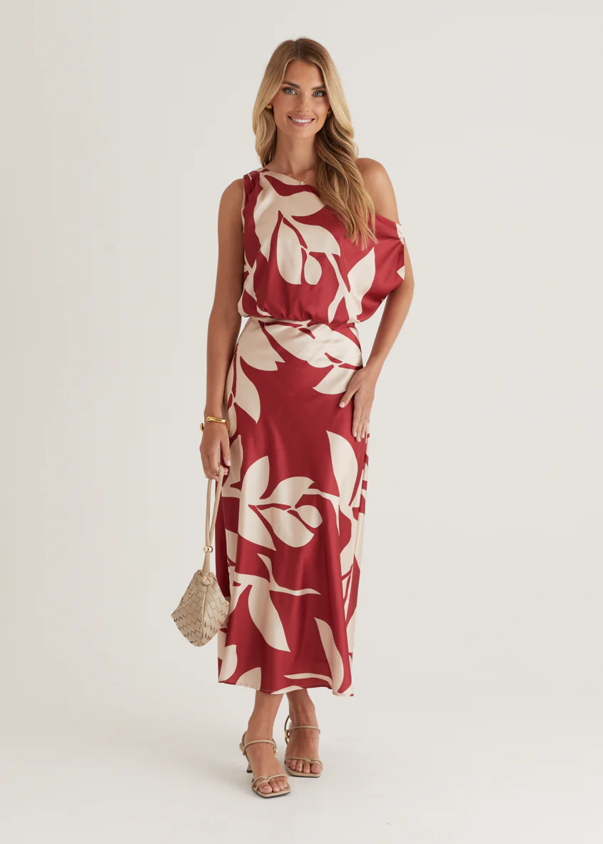 Naeve Off Shoulder Midi Dress - Berry Leaf - Honorern