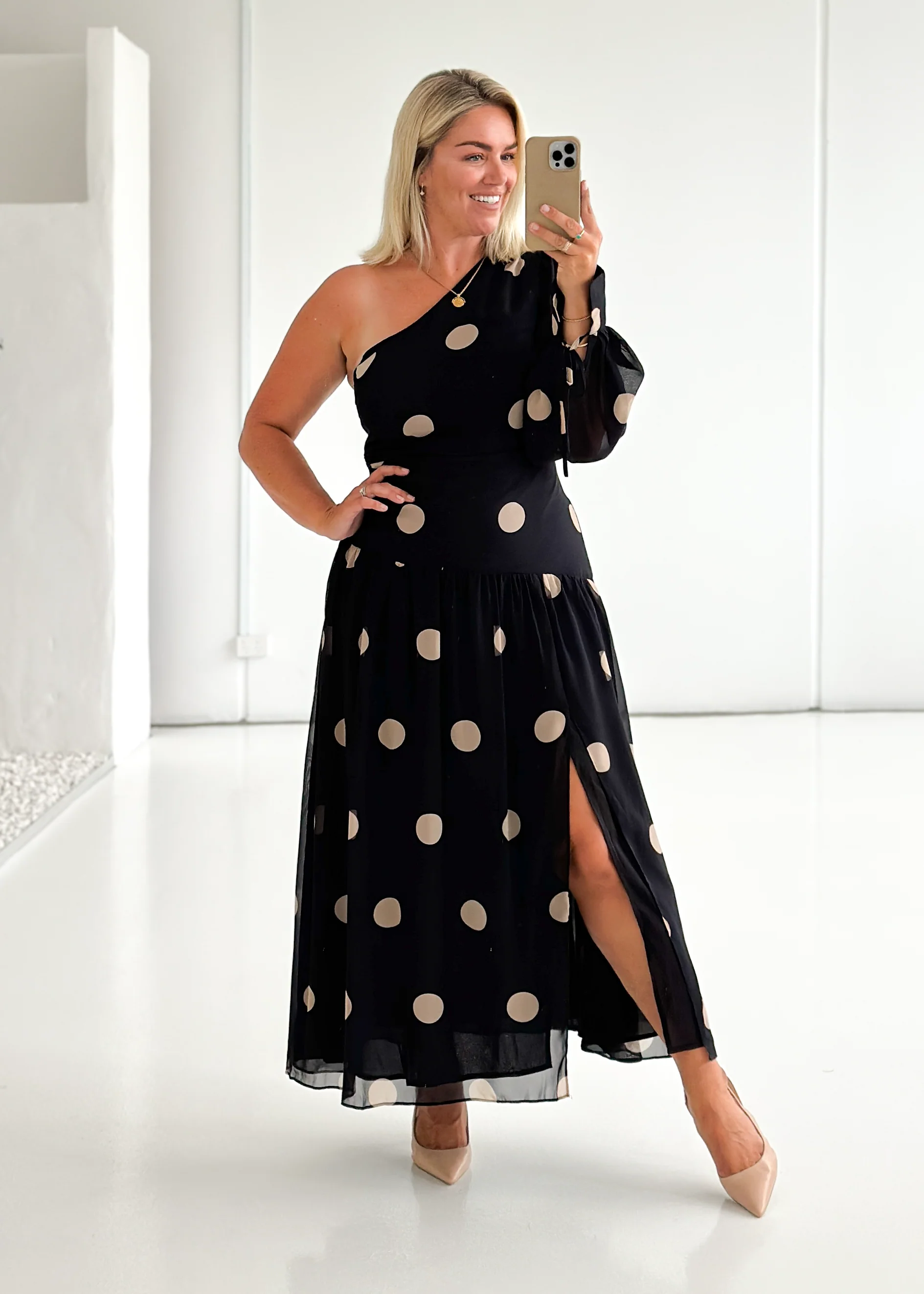 Ella One Shoulder Maxi Dress - Black Polka - Honorern