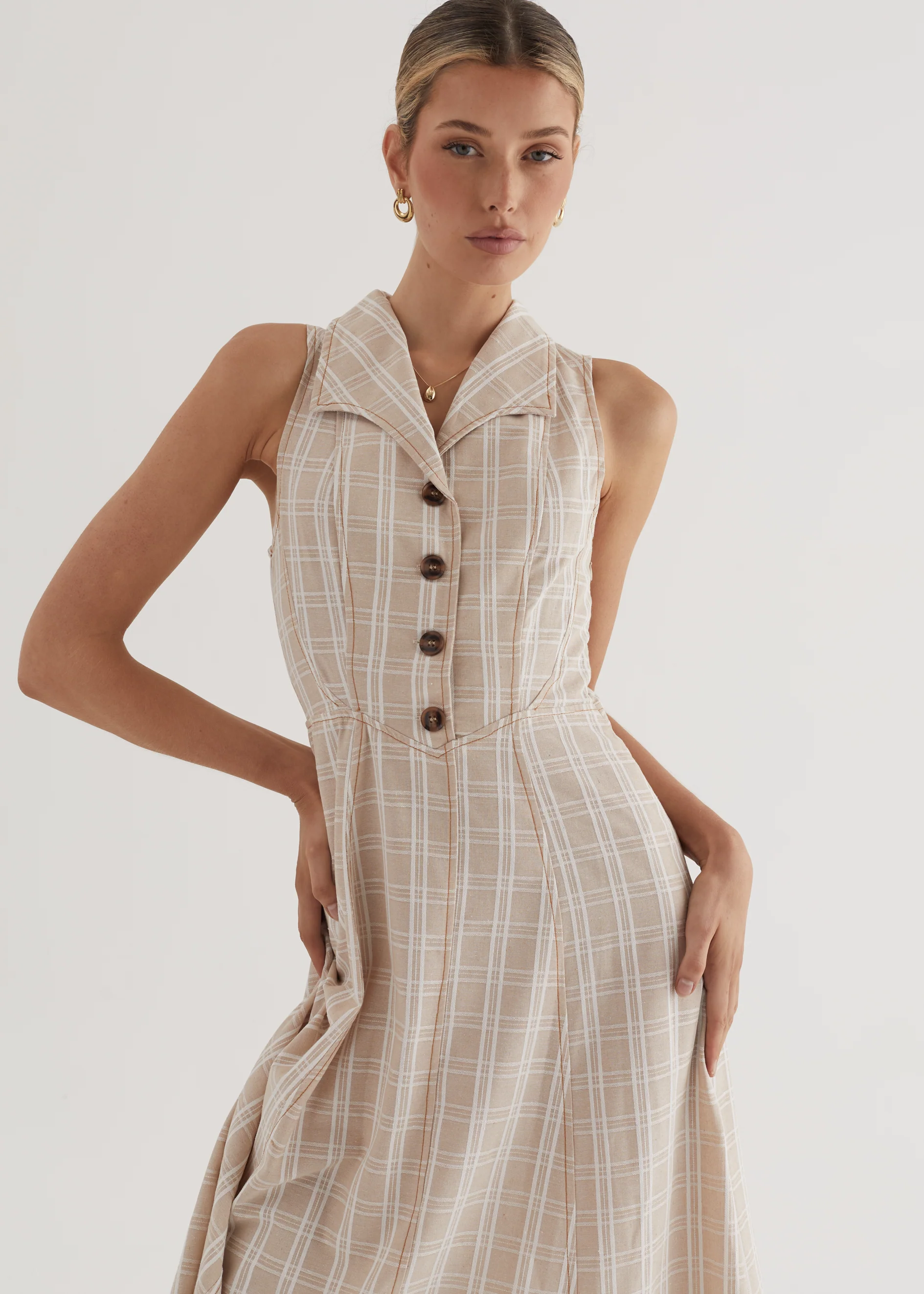 Annie Midi Dress - Beige Check - Honorern