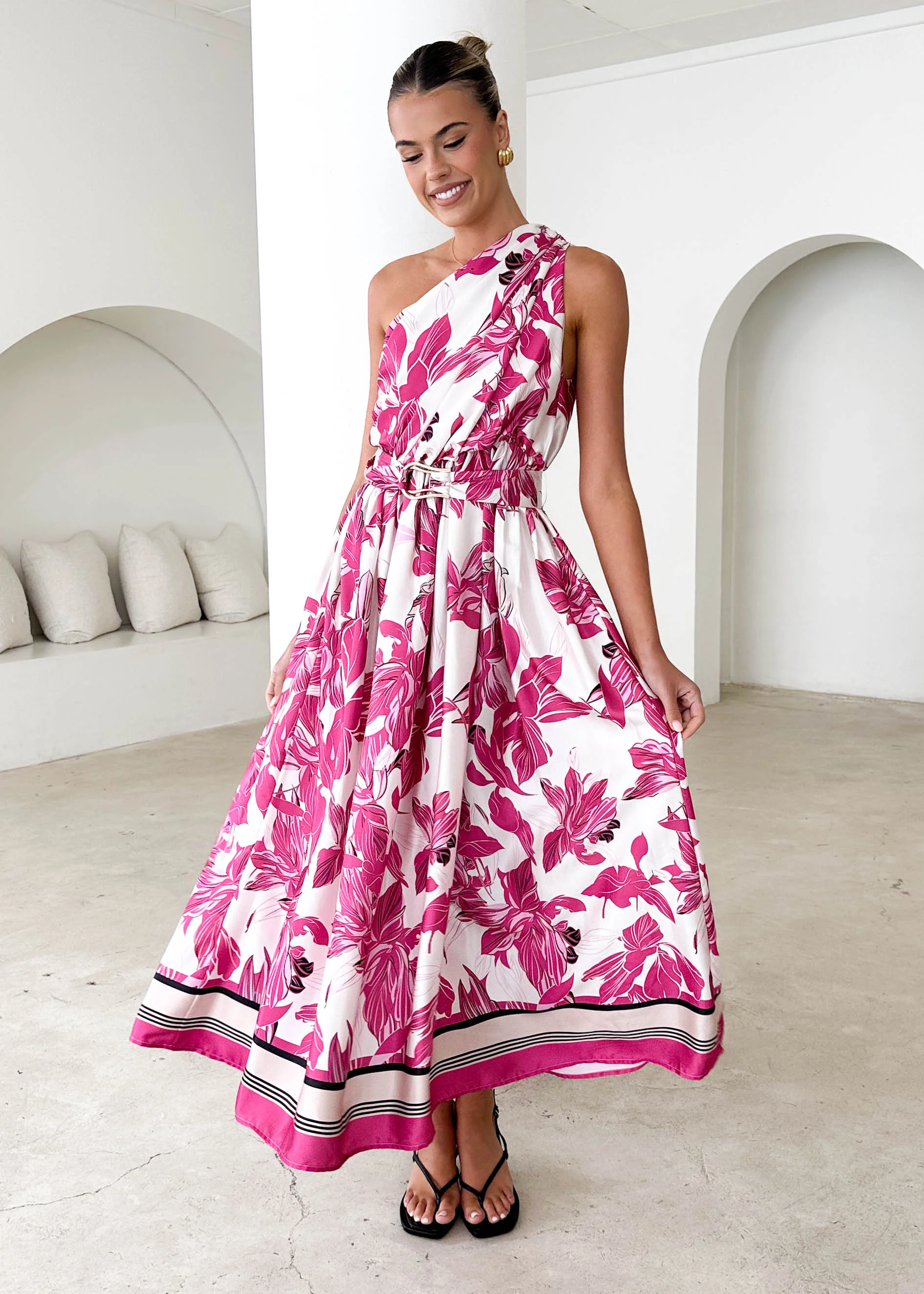 Korah One Shoulder Midi Dress - Fuchsia Floral - Honorern