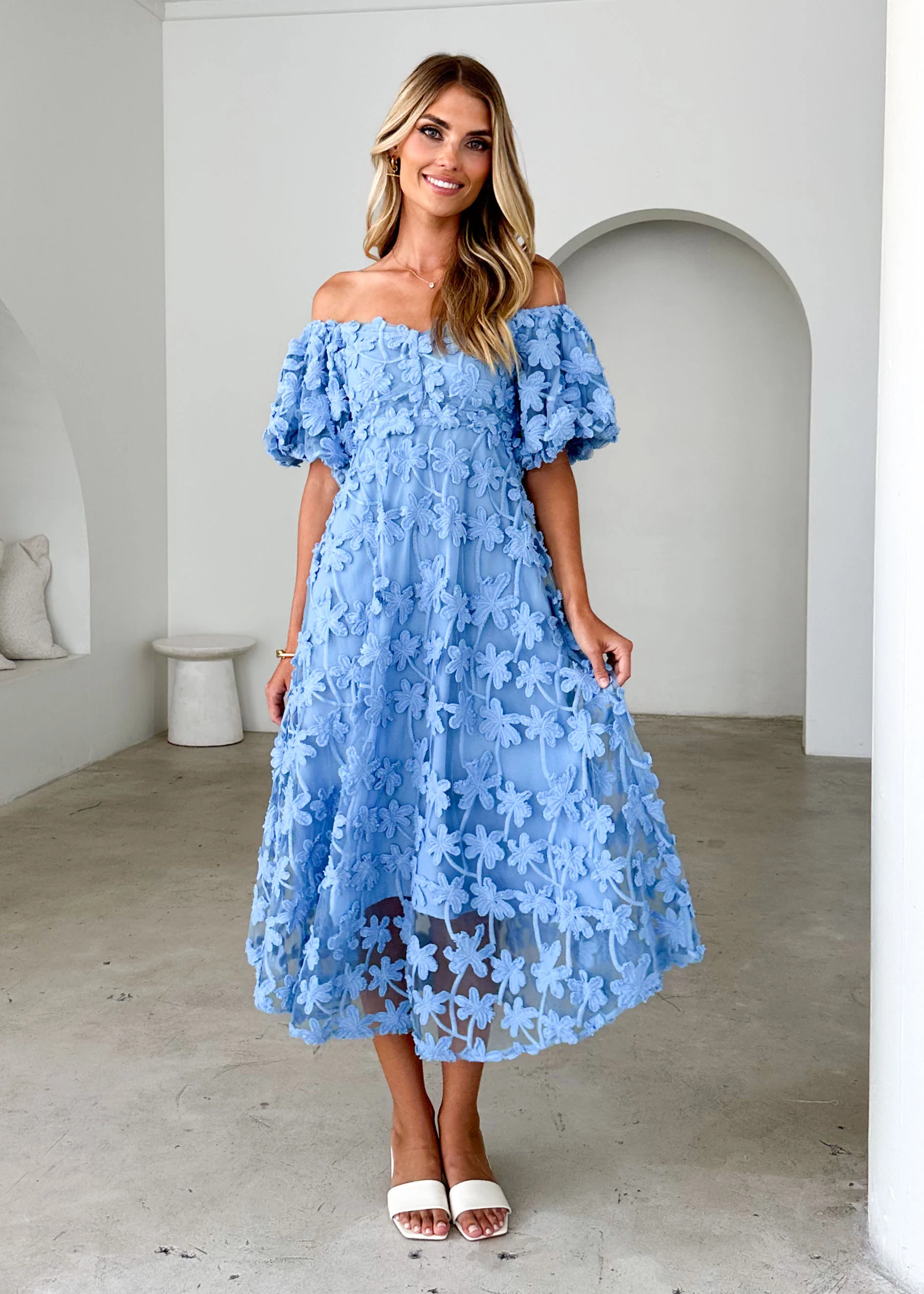 Maliah Off Shoulder Midi Dress - Blue Lace - Honorern