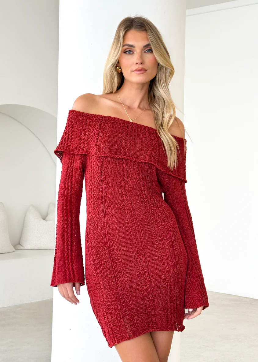 Luna Off Shoulder Knit Dress - Maroon - Honorern