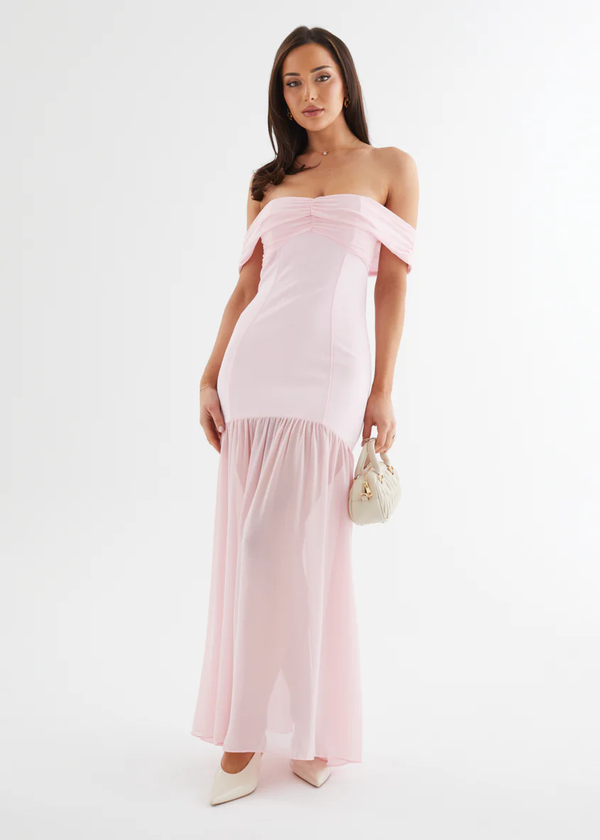 Tilly Off Shoulder Maxi Dress - Soft Pink - Honorern
