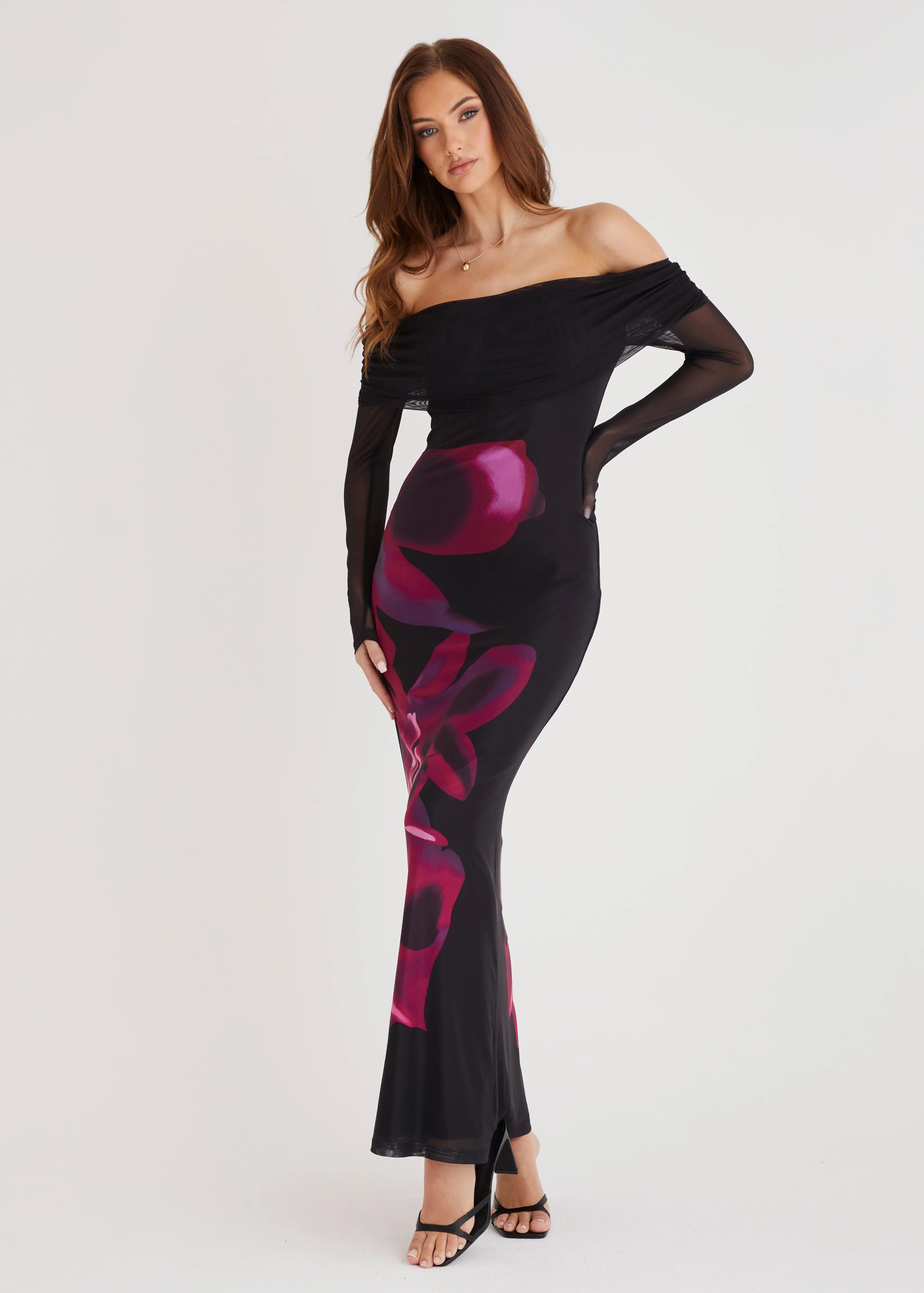 Slate Off Shoulder Mesh Maxi Dress - Black Floral - Honorern