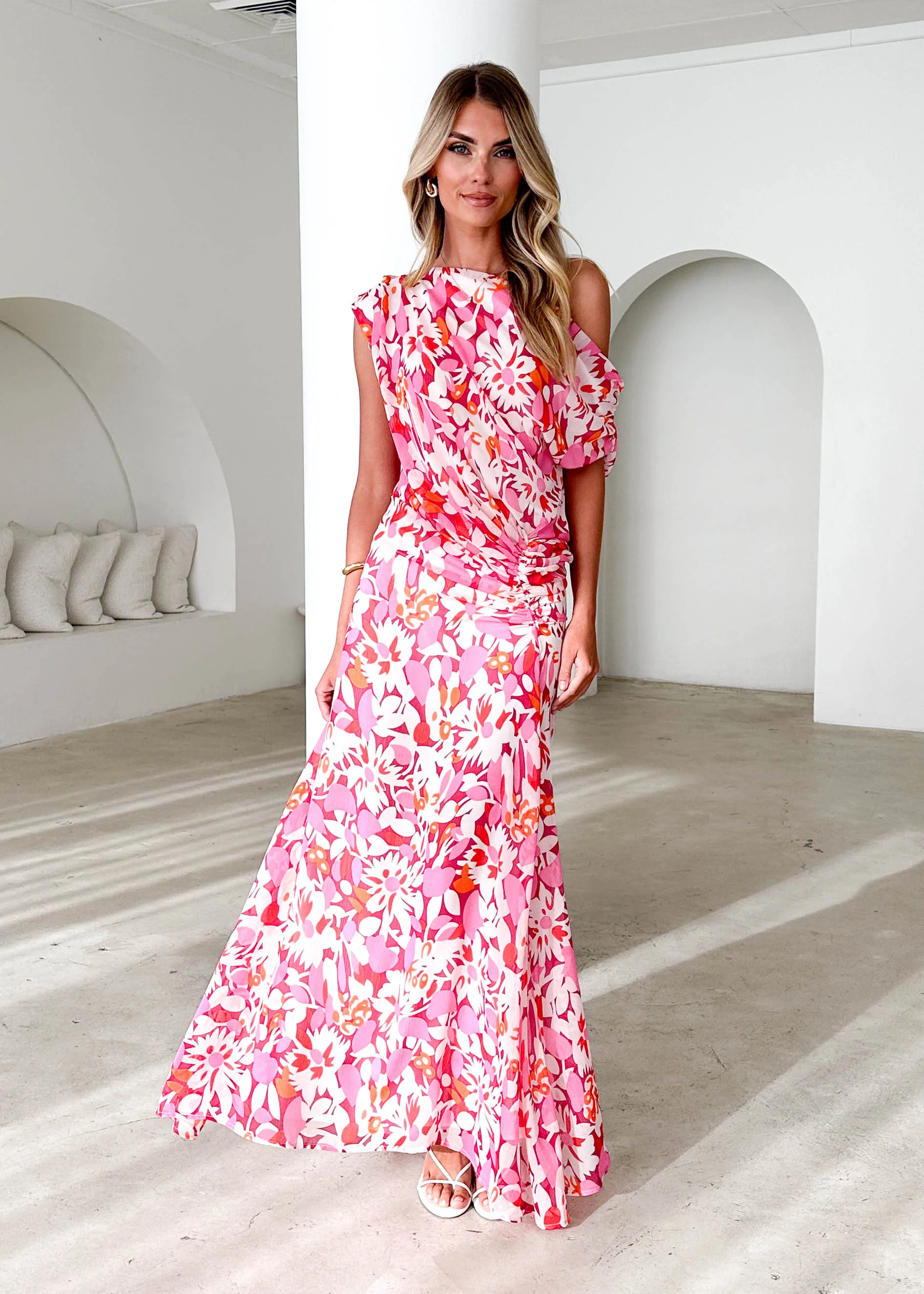 Helix Off Shoulder Midi Dress - Rio Pink - Honorern