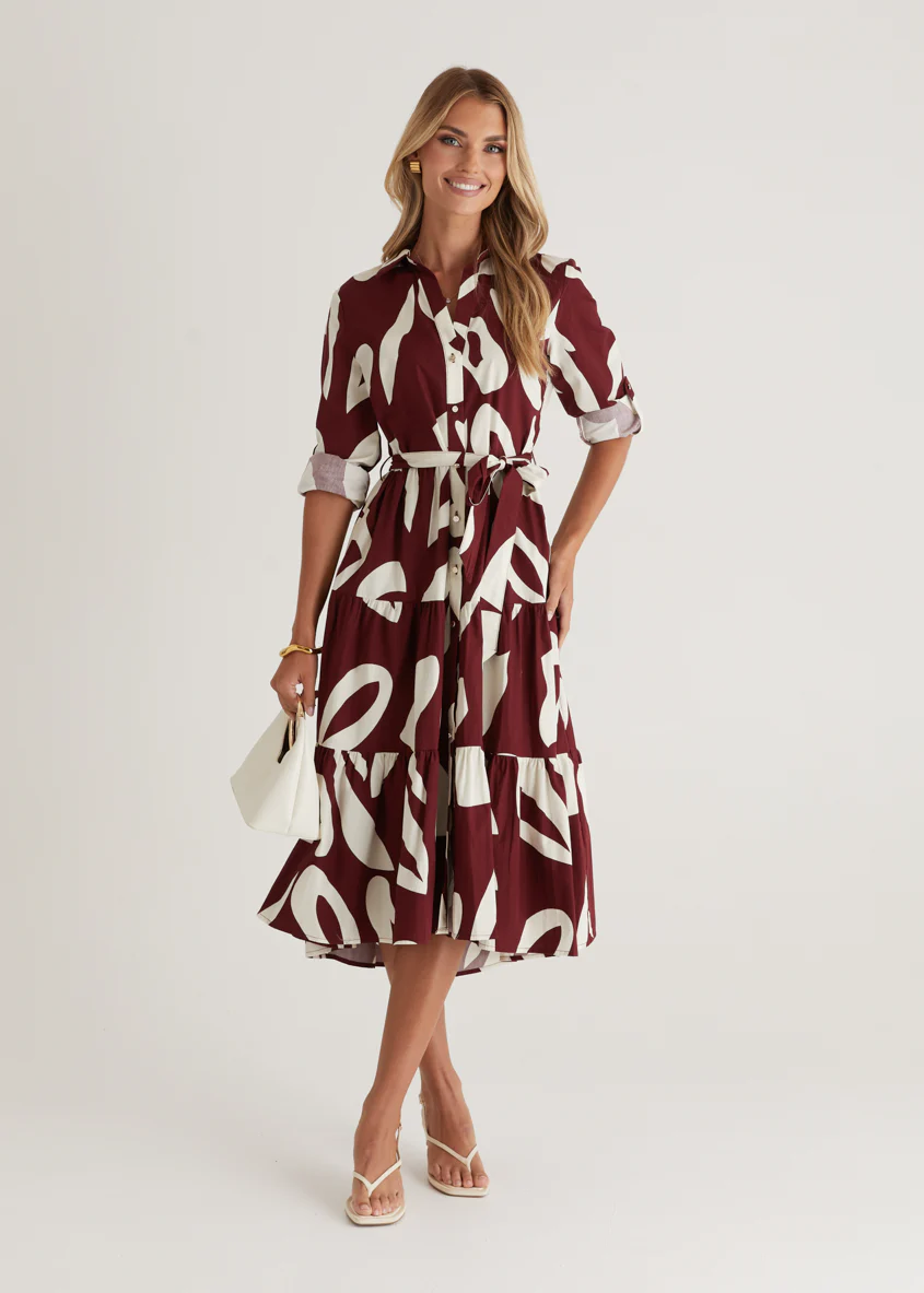 Maybelle Midi Dress - Burgundy Leaf - Honorern