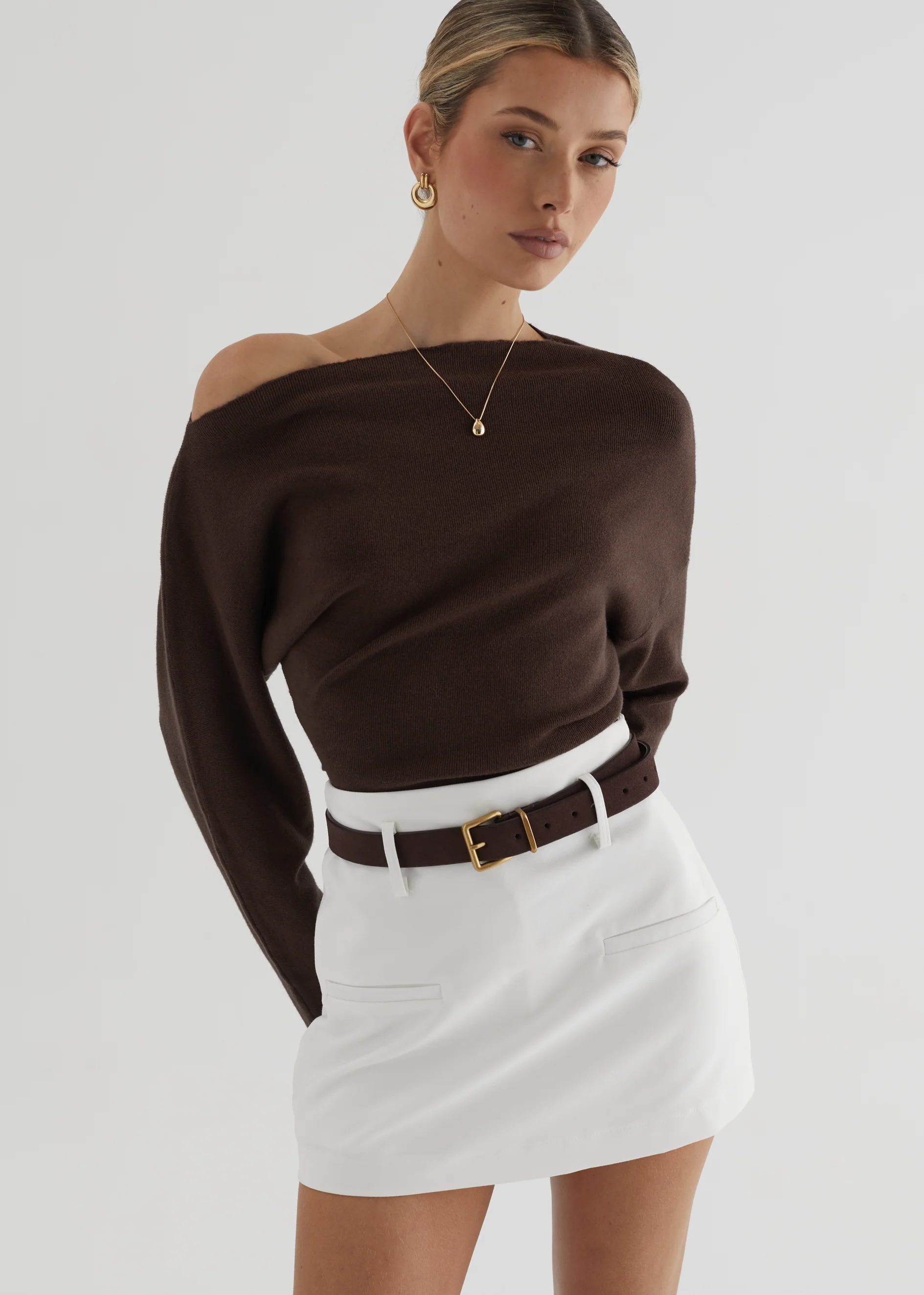 Willowly One Shoulder Knit Top - Chocolate - Honorern