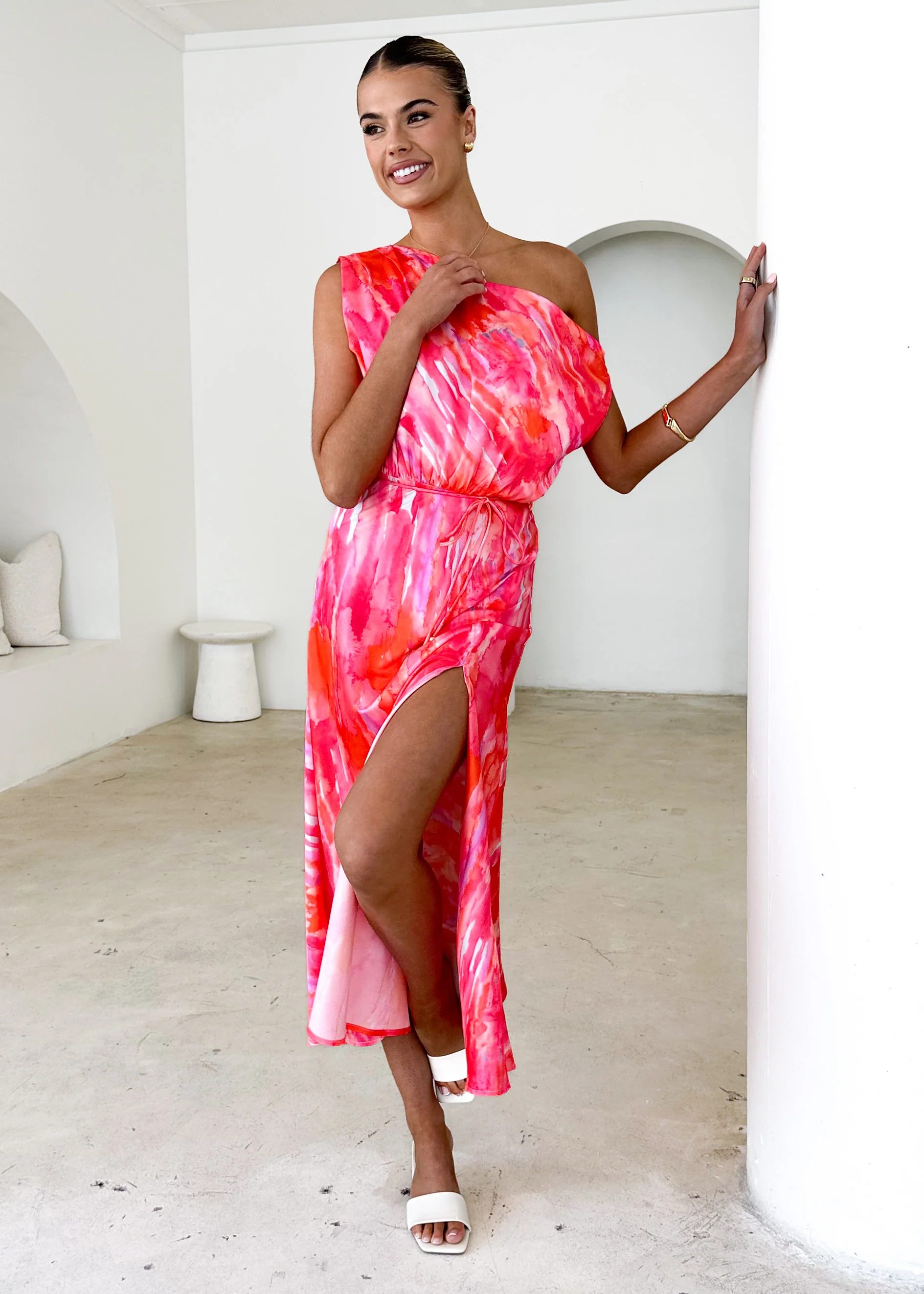 Vivian One Shoulder Maxi Dress - Pink Splash - Honorern