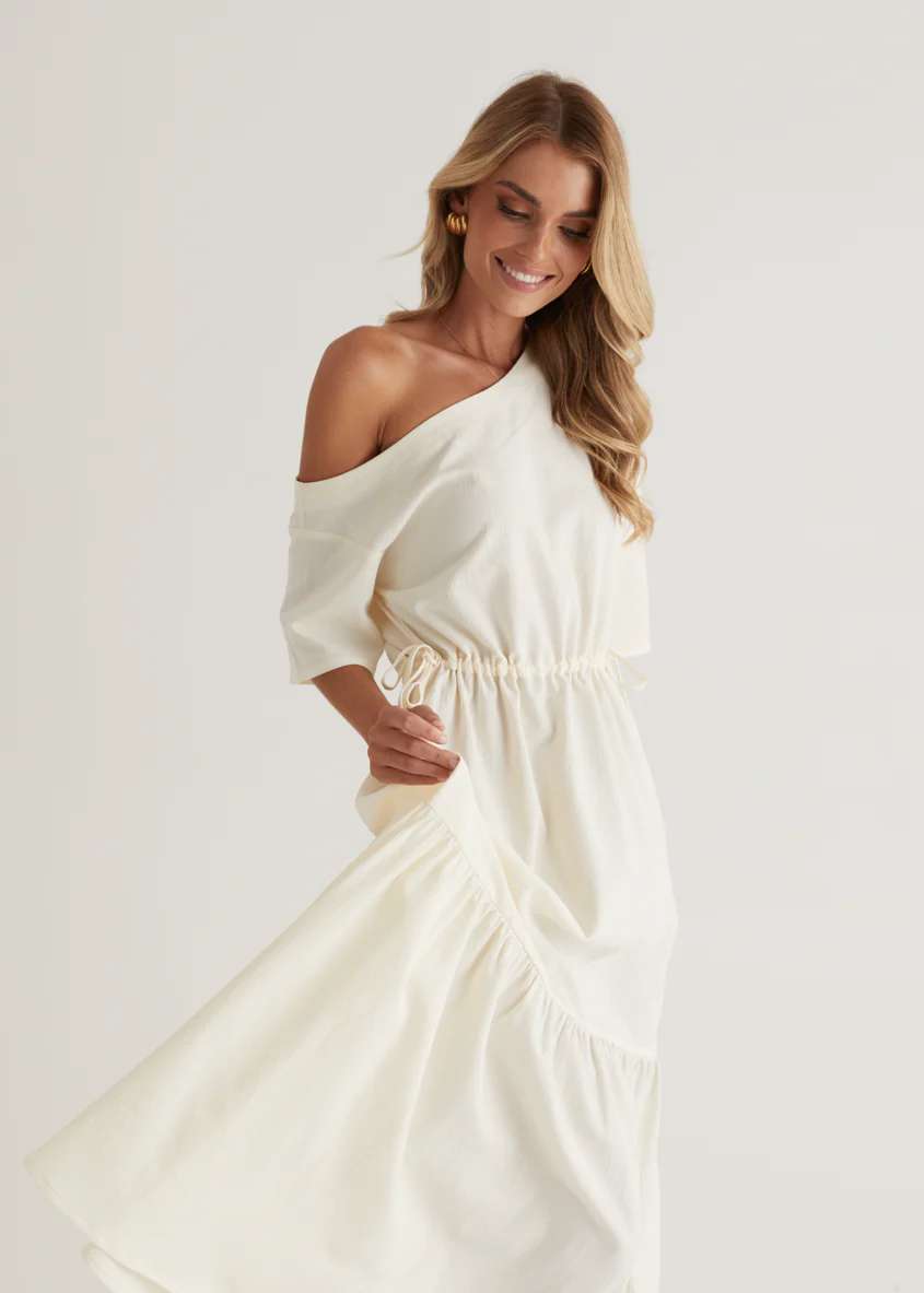 Loren Drop Shoulder Maxi Dress - Cream - Honorern