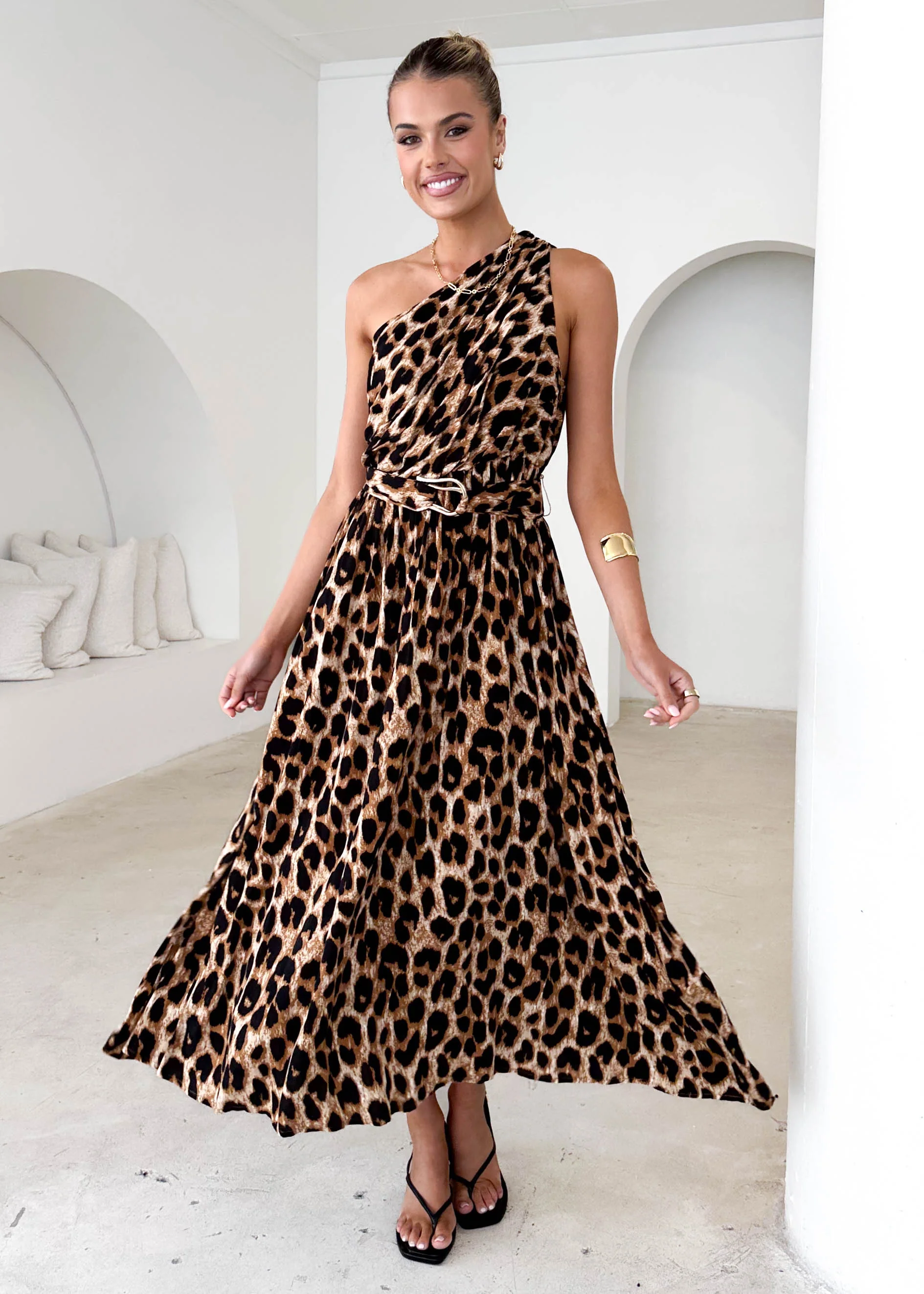 Korah One Shoulder Midi Dress - Leopard - Honorern