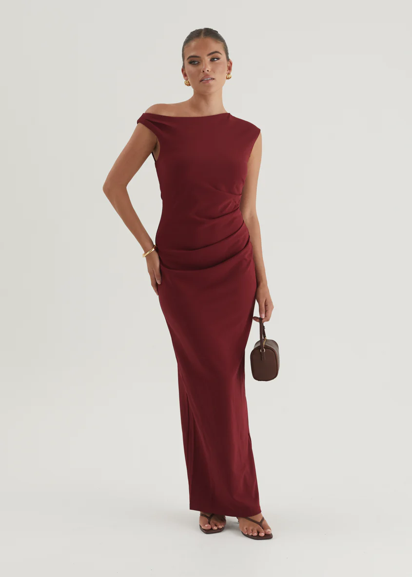 Carmella One Shoulder Maxi Dress - Burgundy - Honorern