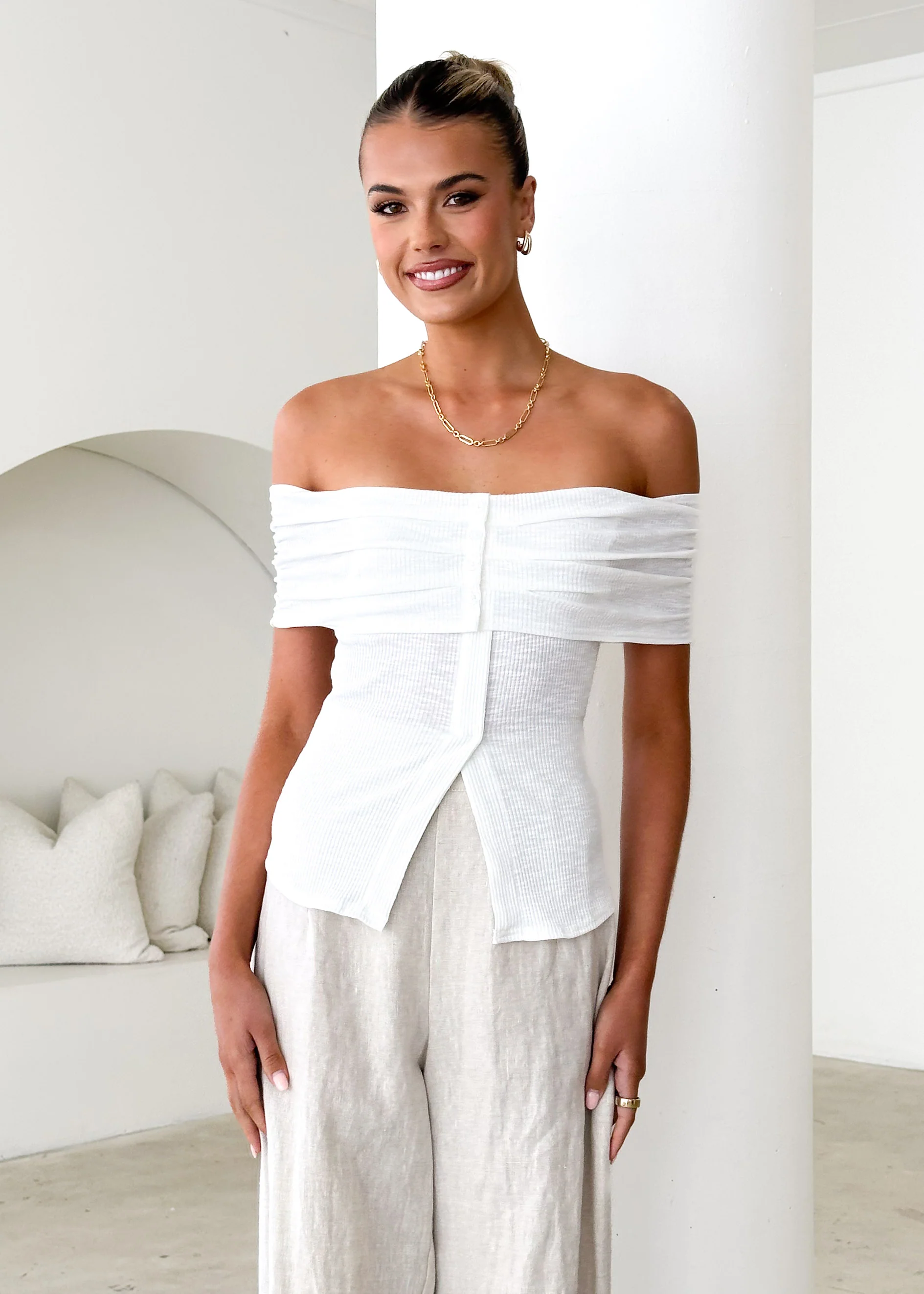 Hewitt Off Shoulder Knit Top - Off White - Honorern