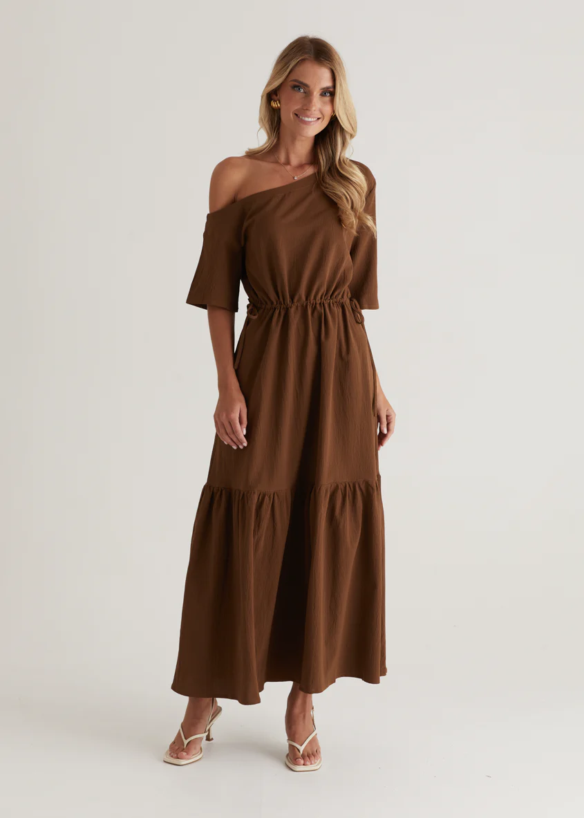 Loren Drop Shoulder Maxi Dress - Chocolate - Honorern
