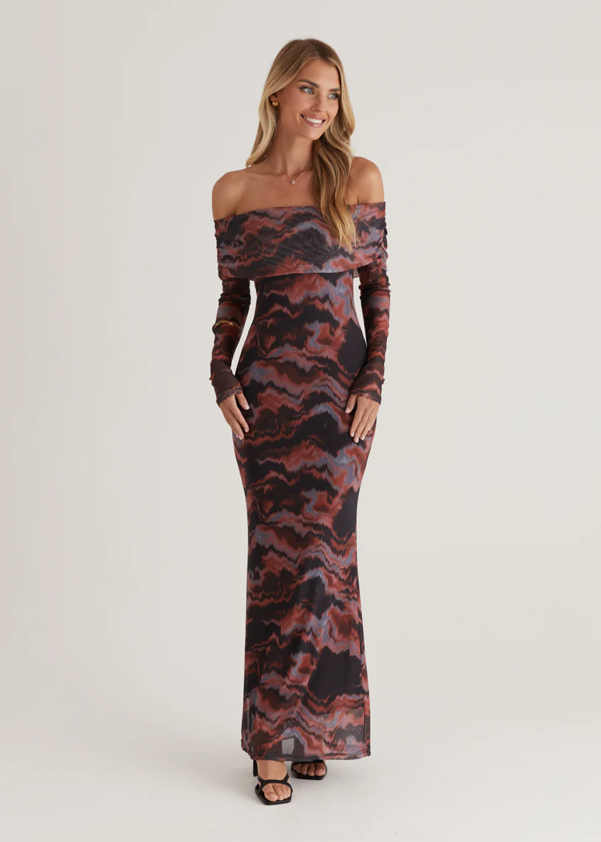 Sienna Mesh Off Shoulder Maxi Dress - Black Tie Dye - Honorern