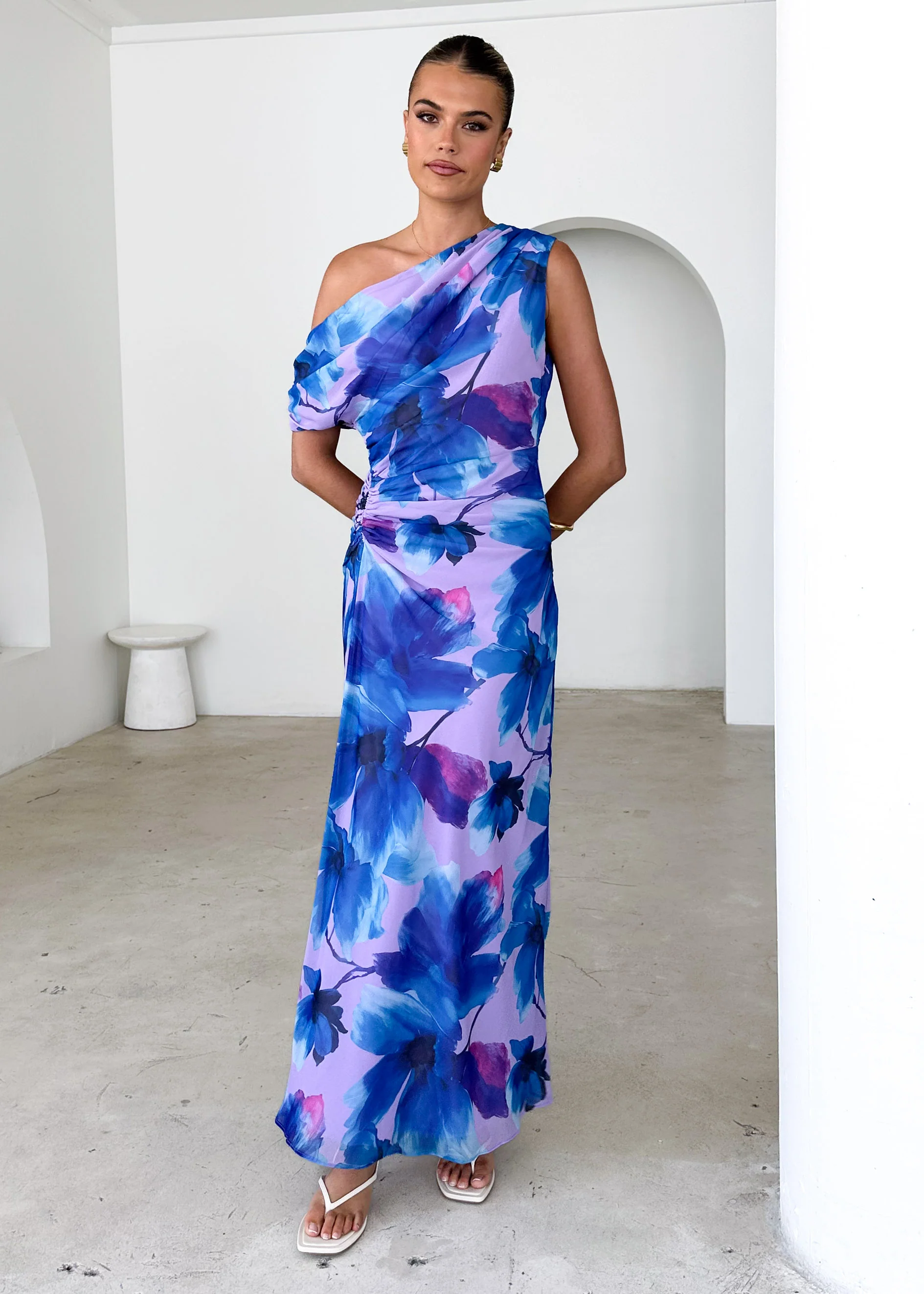 Byron One Shoulder Maxi Dress - Blue Flowers - Honorern