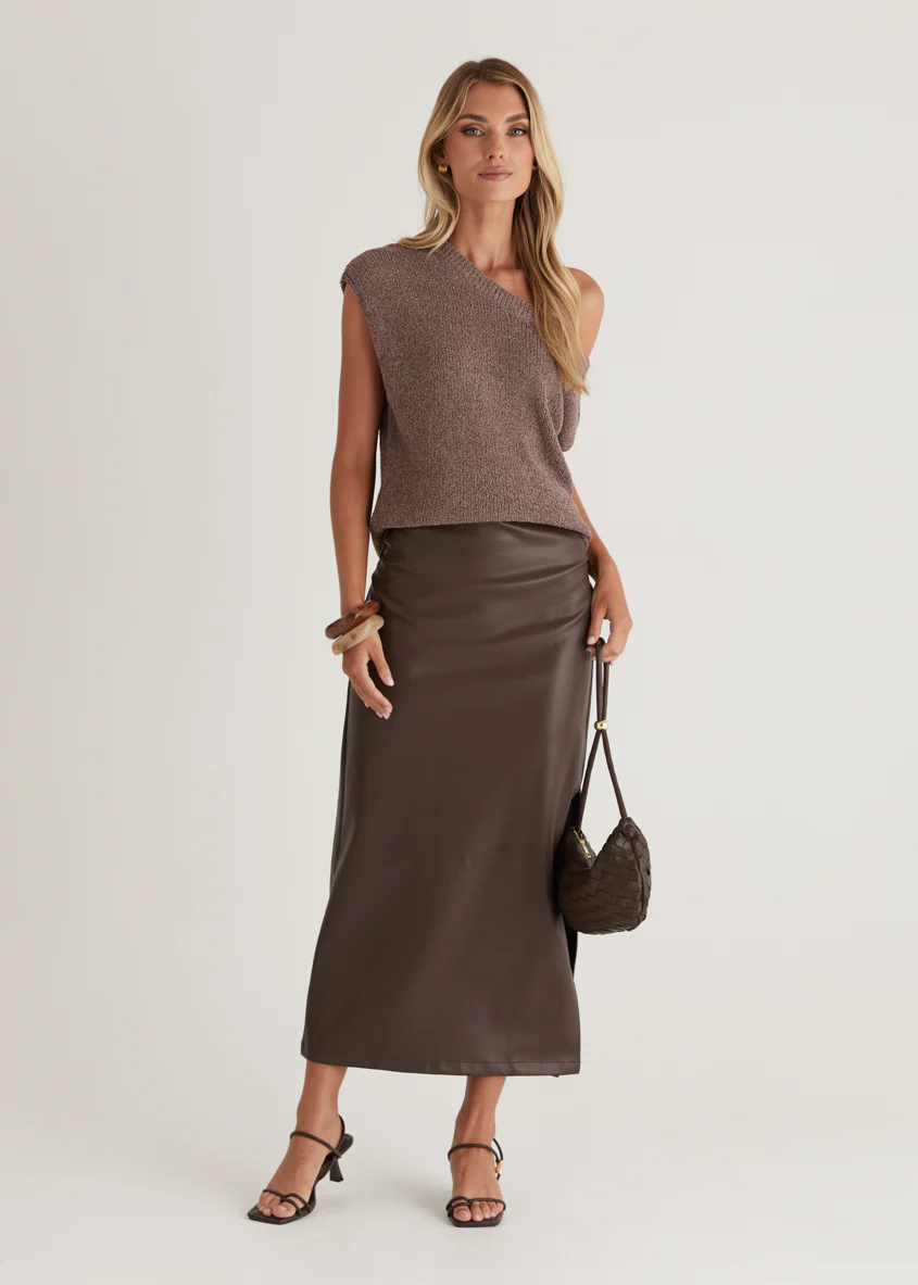 Casoni One Shoulder Knit Top - Choc - Honorern
