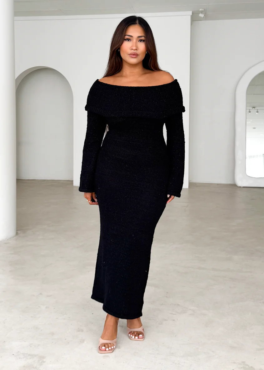Sky Off Shoulder Knit Midi Dress - Black - Honorern