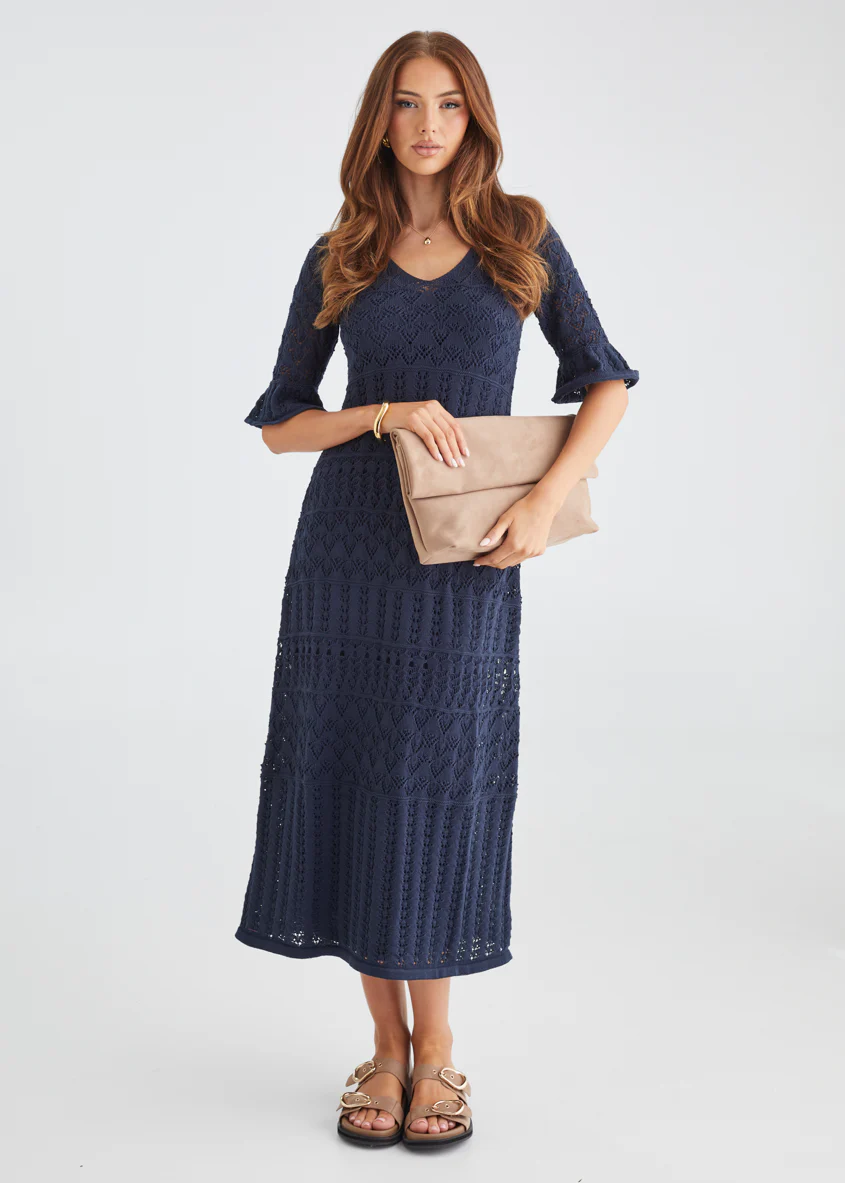 Estrela Crochet Midi Dress - Navy - Honorern